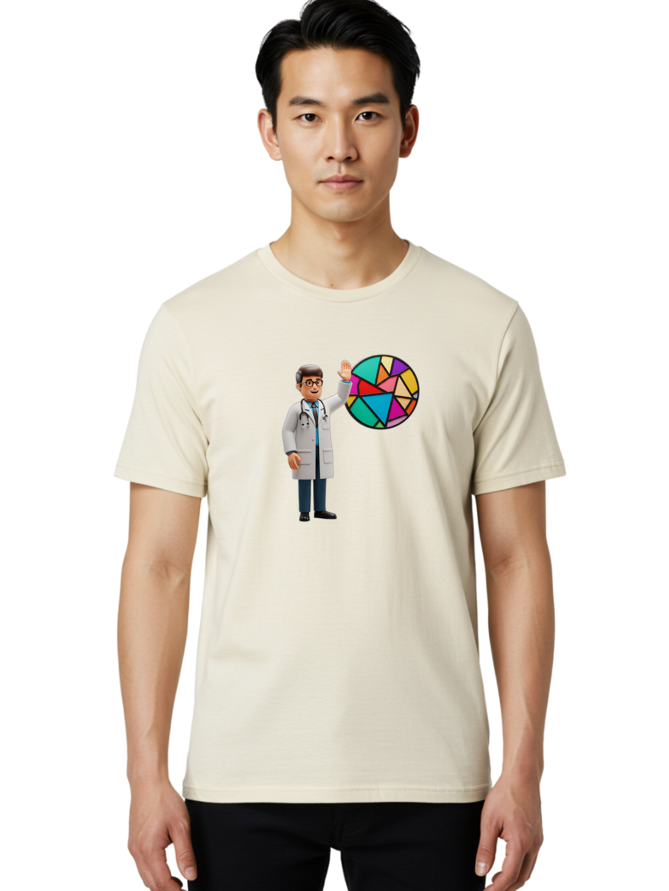 Pie-Chart-Doctor Men'S Graphic Tee, 100% Cotton, Comfortable Casual Summer Wear, Machine Washable, Male Doctor Waving Hand, Pie Chart Illustration, Colorful Graph, Data Analysis, Medical Professional, Healthcare Statistics, Colorful Chart, Bab139