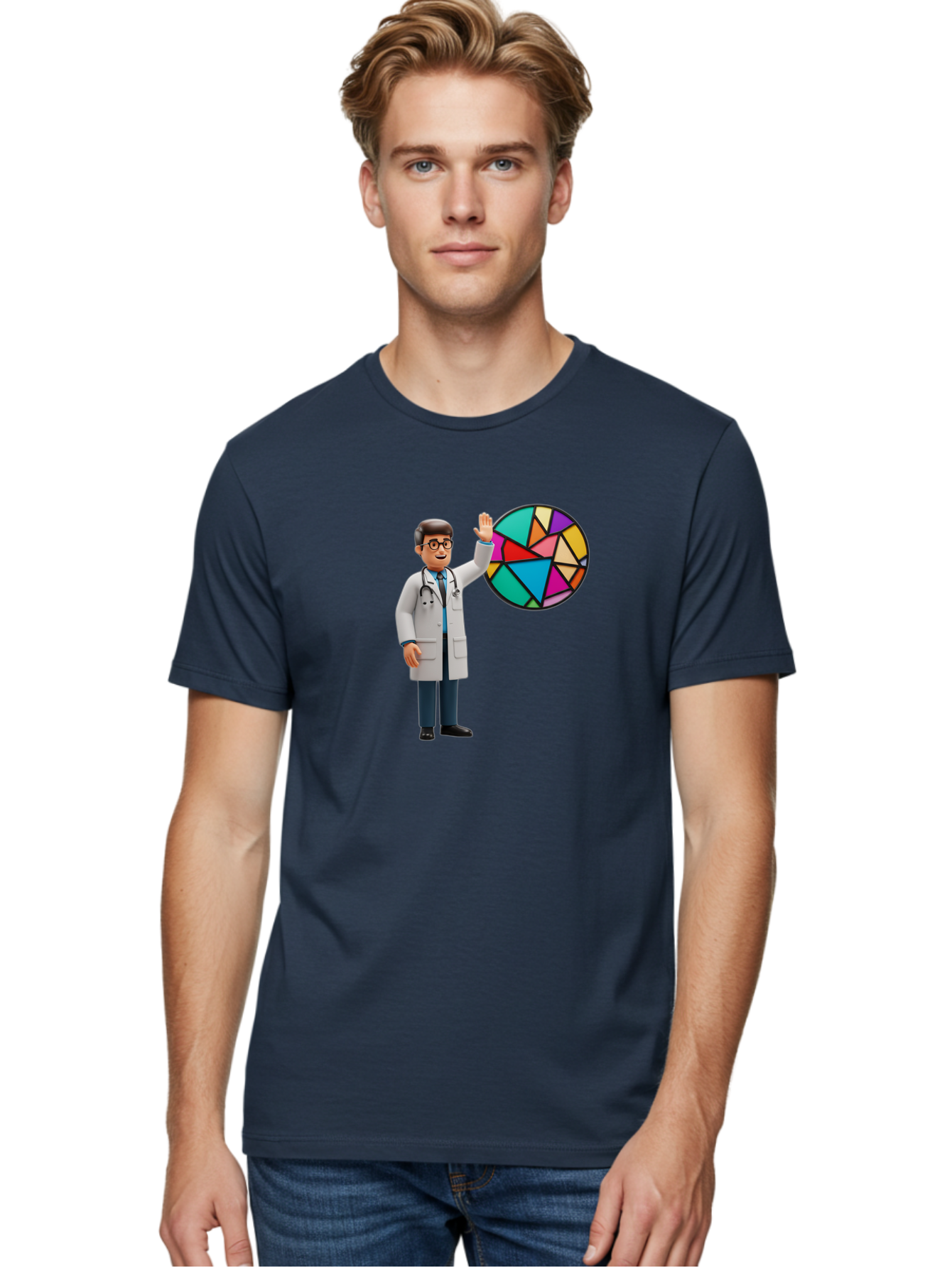 Pie-Chart-Doctor Men'S Graphic Tee, 100% Cotton, Comfortable Casual Summer Wear, Machine Washable, Male Doctor Waving Hand, Pie Chart Illustration, Colorful Graph, Data Analysis, Medical Professional, Healthcare Statistics, Colorful Chart, Bab139