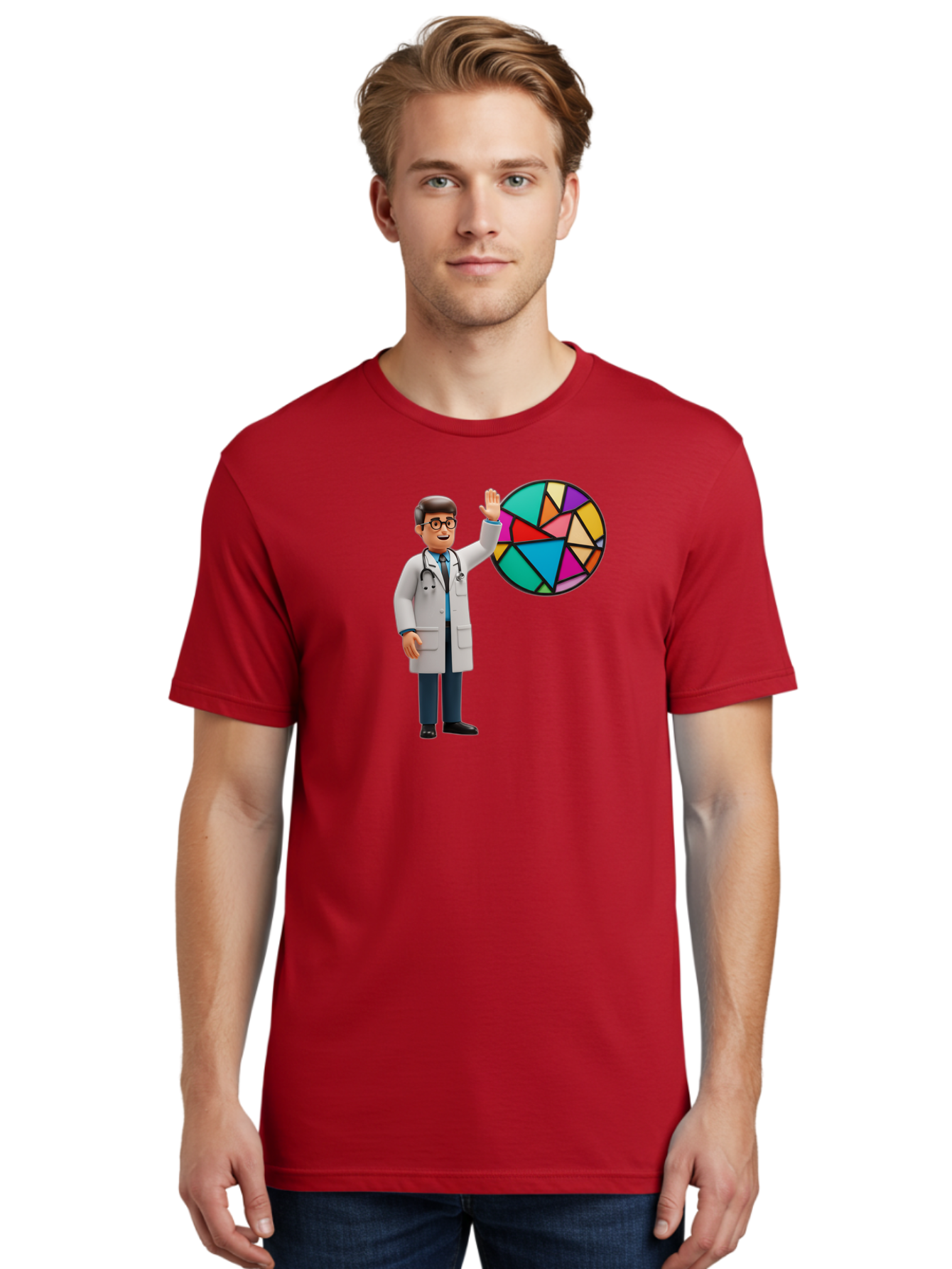 Pie-Chart-Doctor Men'S Graphic Tee, 100% Cotton, Comfortable Casual Summer Wear, Machine Washable, Male Doctor Waving Hand, Pie Chart Illustration, Colorful Graph, Data Analysis, Medical Professional, Healthcare Statistics, Colorful Chart, Bab139
