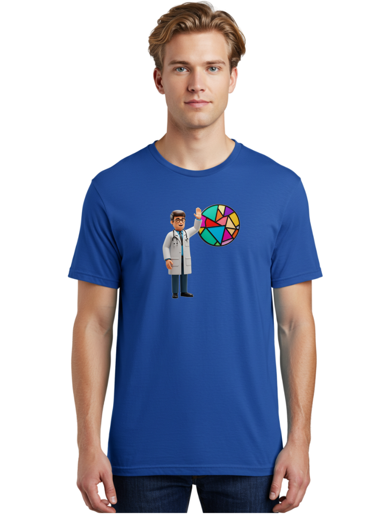 Pie-Chart-Doctor Men'S Graphic Tee, 100% Cotton, Comfortable Casual Summer Wear, Machine Washable, Male Doctor Waving Hand, Pie Chart Illustration, Colorful Graph, Data Analysis, Medical Professional, Healthcare Statistics, Colorful Chart, Bab139