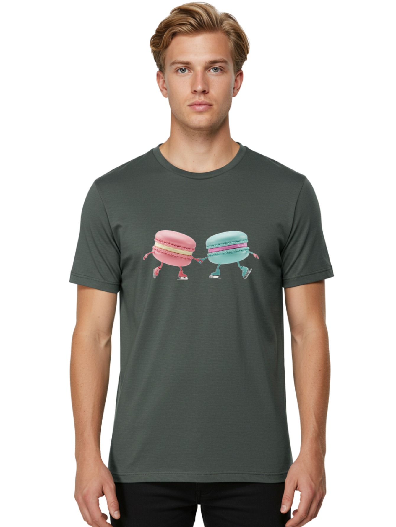 Pink-And-Blue-Macarons Men'S Graphic Tee, 100% Cotton, Comfortable Casual Summer Wear, Machine Washable, Cartoon Macarons, Pastel Colors, Dancing Macarons, Colorful Desserts, Sweet Treats, Whimsical Illustration, French Patisserie, Bab142