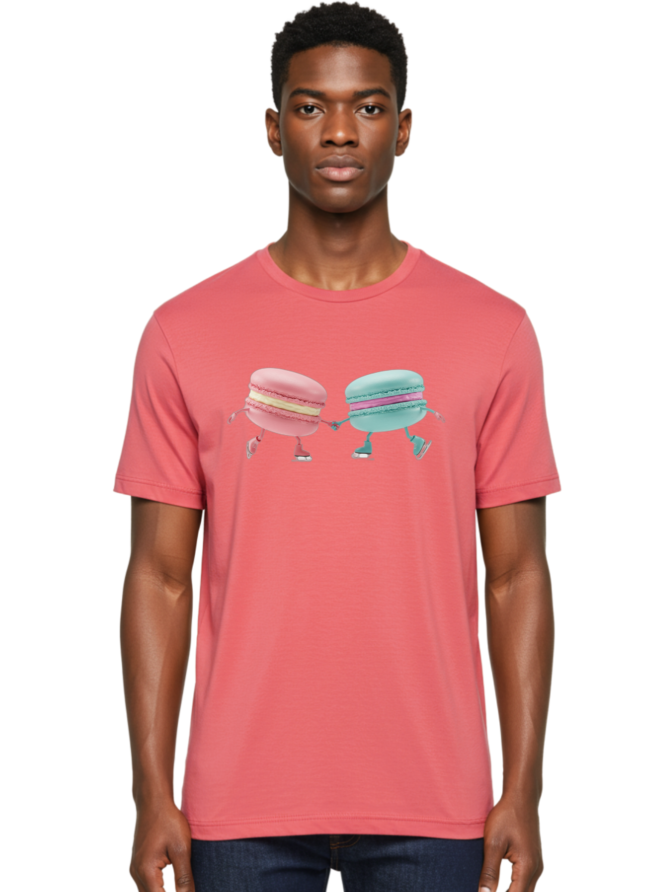 Pink-And-Blue-Macarons Men'S Graphic Tee, 100% Cotton, Comfortable Casual Summer Wear, Machine Washable, Cartoon Macarons, Pastel Colors, Dancing Macarons, Colorful Desserts, Sweet Treats, Whimsical Illustration, French Patisserie, Bab142