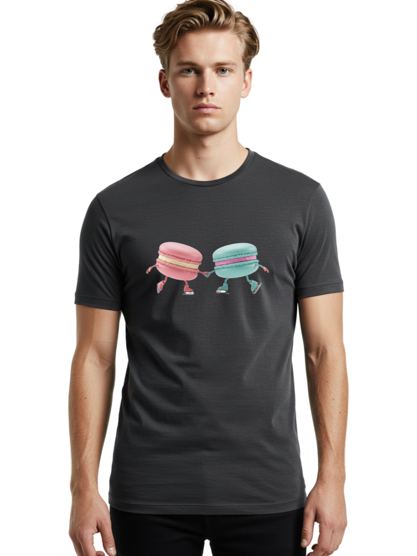 Pink-And-Blue-Macarons Men'S Graphic Tee, 100% Cotton, Comfortable Casual Summer Wear, Machine Washable, Cartoon Macarons, Pastel Colors, Dancing Macarons, Colorful Desserts, Sweet Treats, Whimsical Illustration, French Patisserie, Bab142
