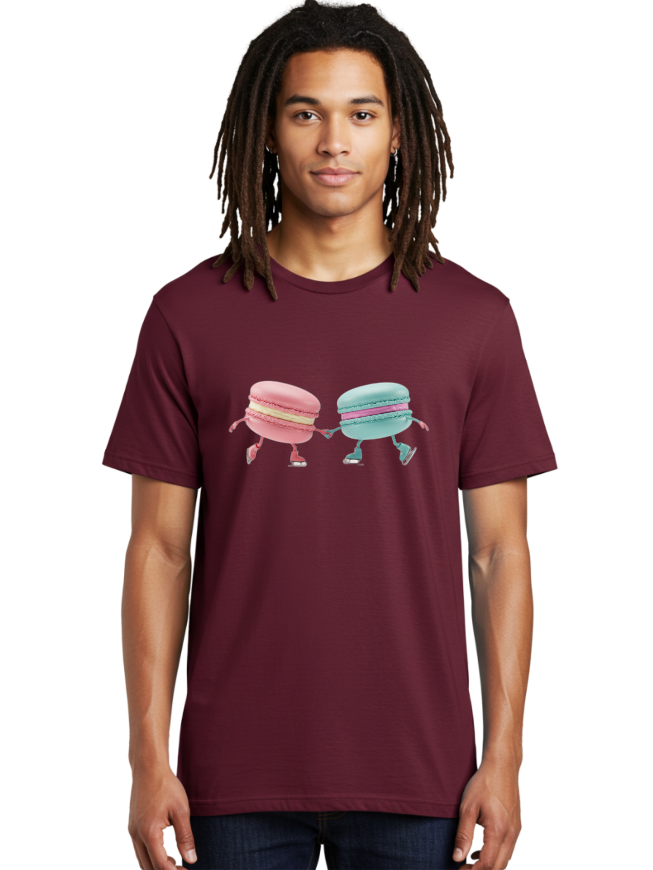 Pink-And-Blue-Macarons Men'S Graphic Tee, 100% Cotton, Comfortable Casual Summer Wear, Machine Washable, Cartoon Macarons, Pastel Colors, Dancing Macarons, Colorful Desserts, Sweet Treats, Whimsical Illustration, French Patisserie, Bab142