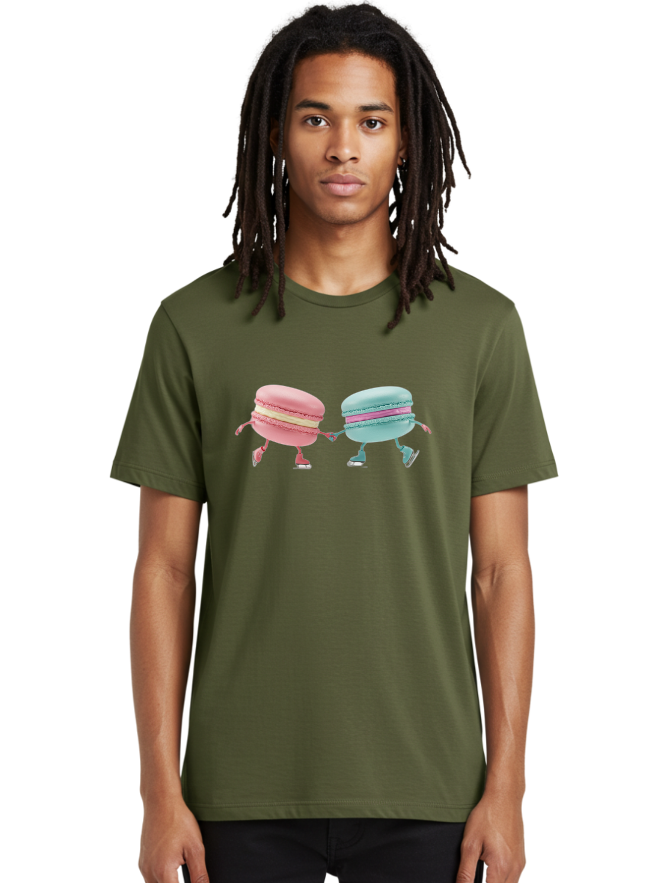 Pink-And-Blue-Macarons Men'S Graphic Tee, 100% Cotton, Comfortable Casual Summer Wear, Machine Washable, Cartoon Macarons, Pastel Colors, Dancing Macarons, Colorful Desserts, Sweet Treats, Whimsical Illustration, French Patisserie, Bab142