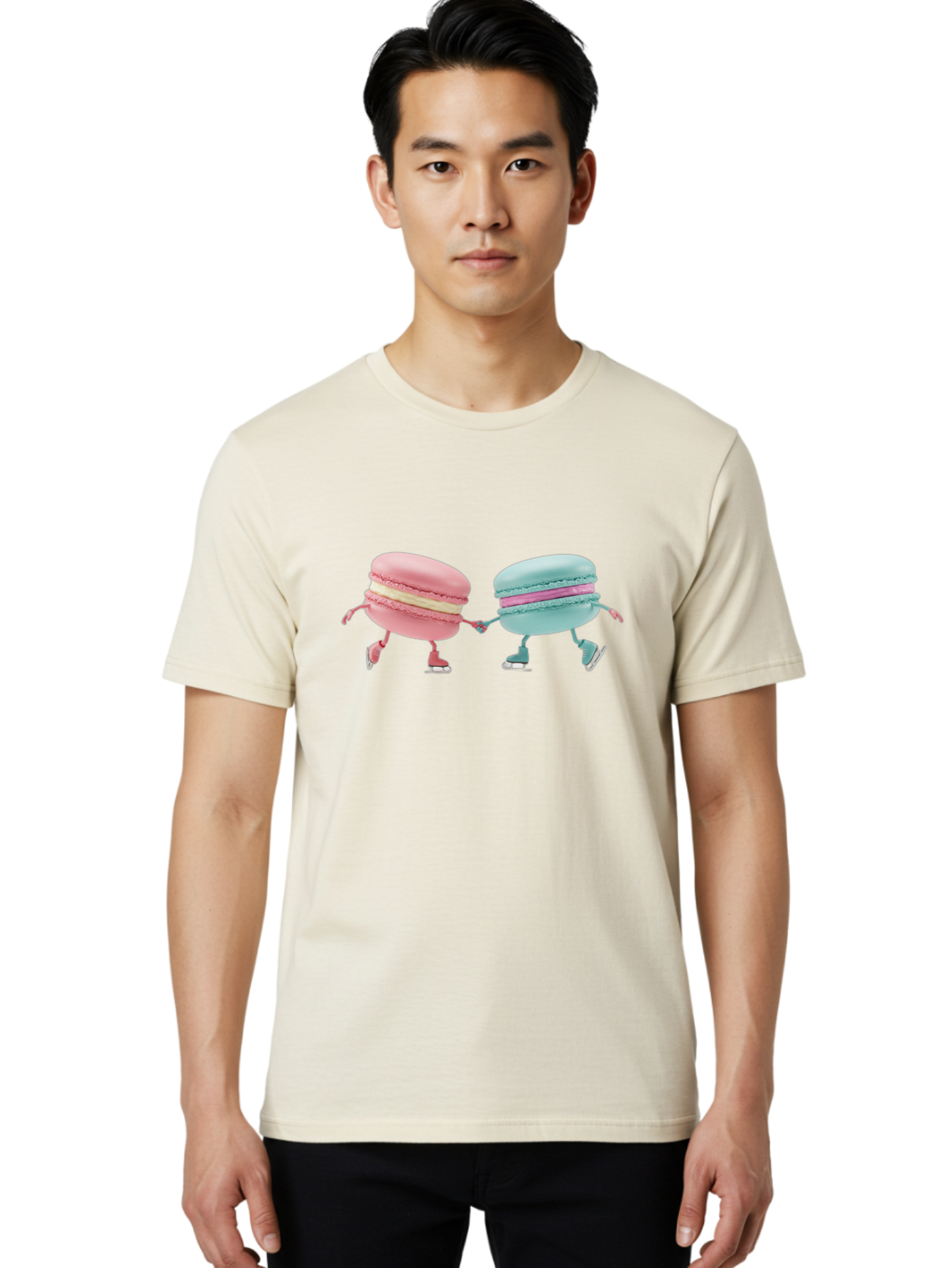 Pink-And-Blue-Macarons Men'S Graphic Tee, 100% Cotton, Comfortable Casual Summer Wear, Machine Washable, Cartoon Macarons, Pastel Colors, Dancing Macarons, Colorful Desserts, Sweet Treats, Whimsical Illustration, French Patisserie, Bab142