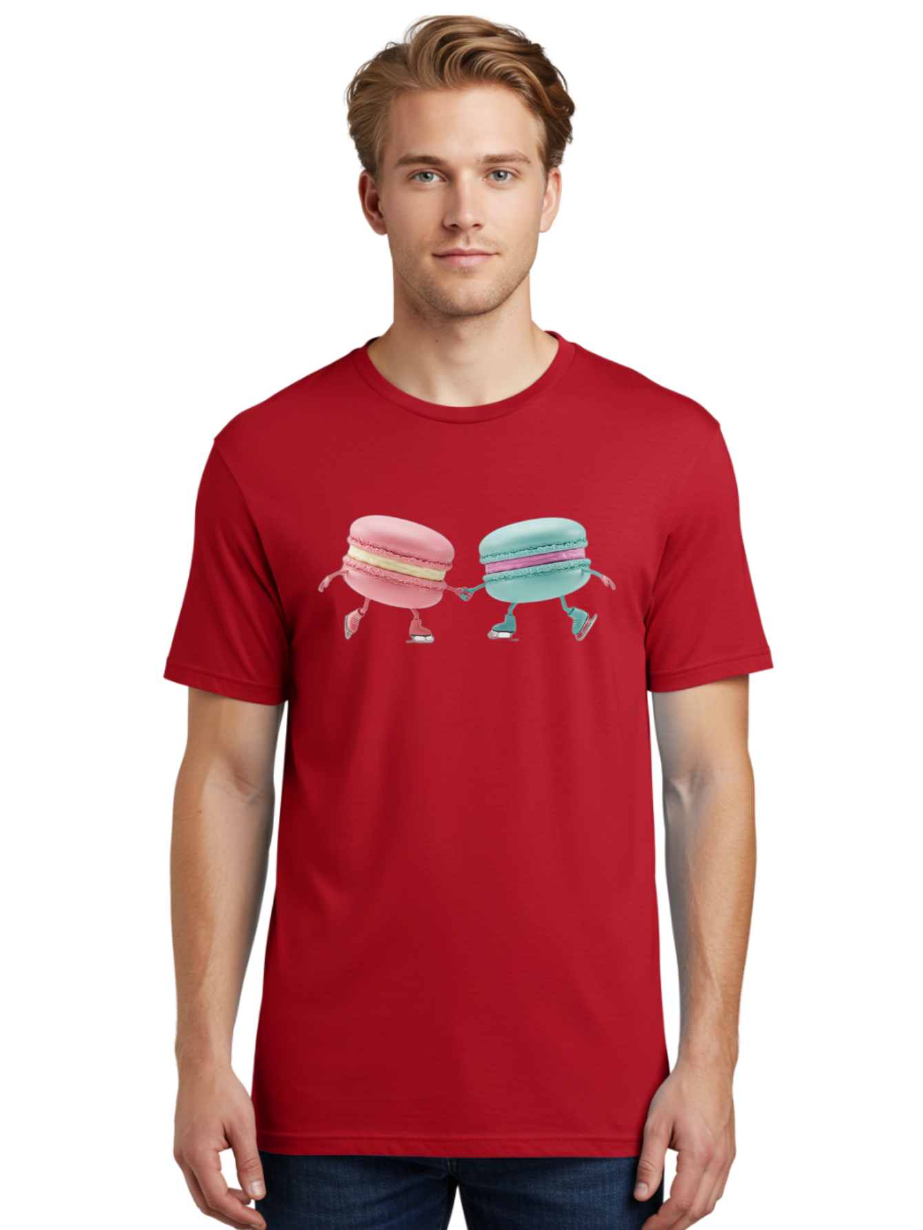 Pink-And-Blue-Macarons Men'S Graphic Tee, 100% Cotton, Comfortable Casual Summer Wear, Machine Washable, Cartoon Macarons, Pastel Colors, Dancing Macarons, Colorful Desserts, Sweet Treats, Whimsical Illustration, French Patisserie, Bab142