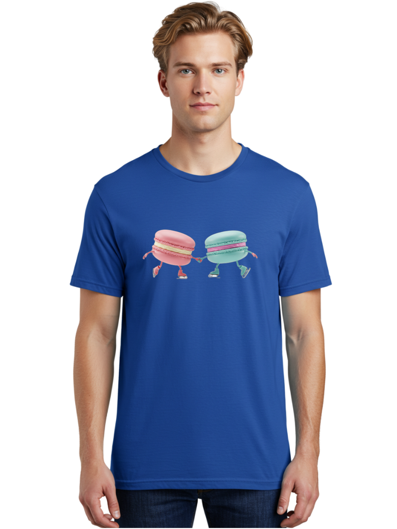 Pink-And-Blue-Macarons Men'S Graphic Tee, 100% Cotton, Comfortable Casual Summer Wear, Machine Washable, Cartoon Macarons, Pastel Colors, Dancing Macarons, Colorful Desserts, Sweet Treats, Whimsical Illustration, French Patisserie, Bab142