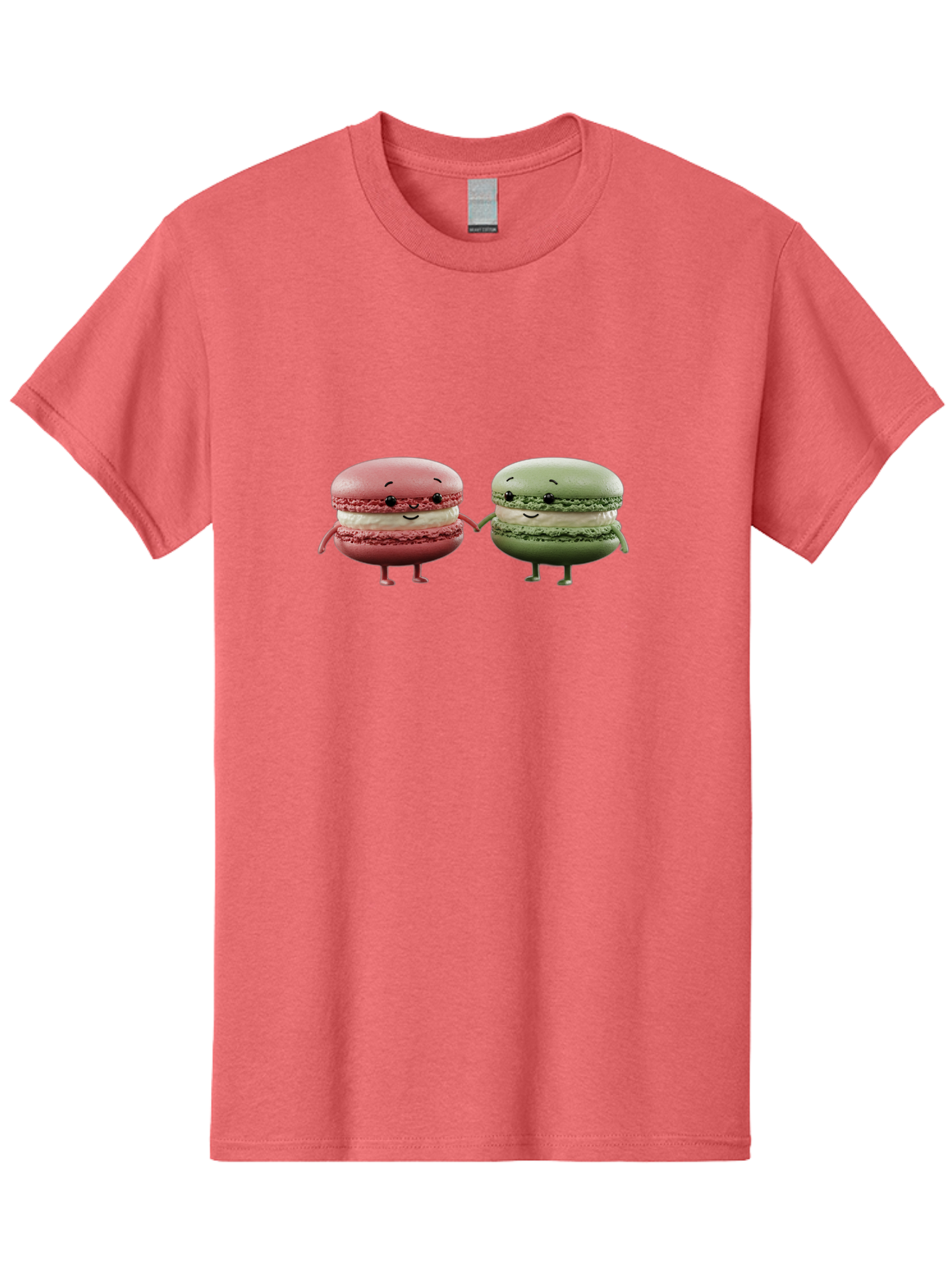 Pink-And-Green-Macarons Men'S Graphic Tee, 100% Cotton, Comfortable Casual Summer Wear, Machine Washable, Cute Macarons, Anthropomorphic Desserts, Smiling Faces, Holding Hands, Pink And Green Macarons, Adorable Characters, Funny Illustrations, Bab143