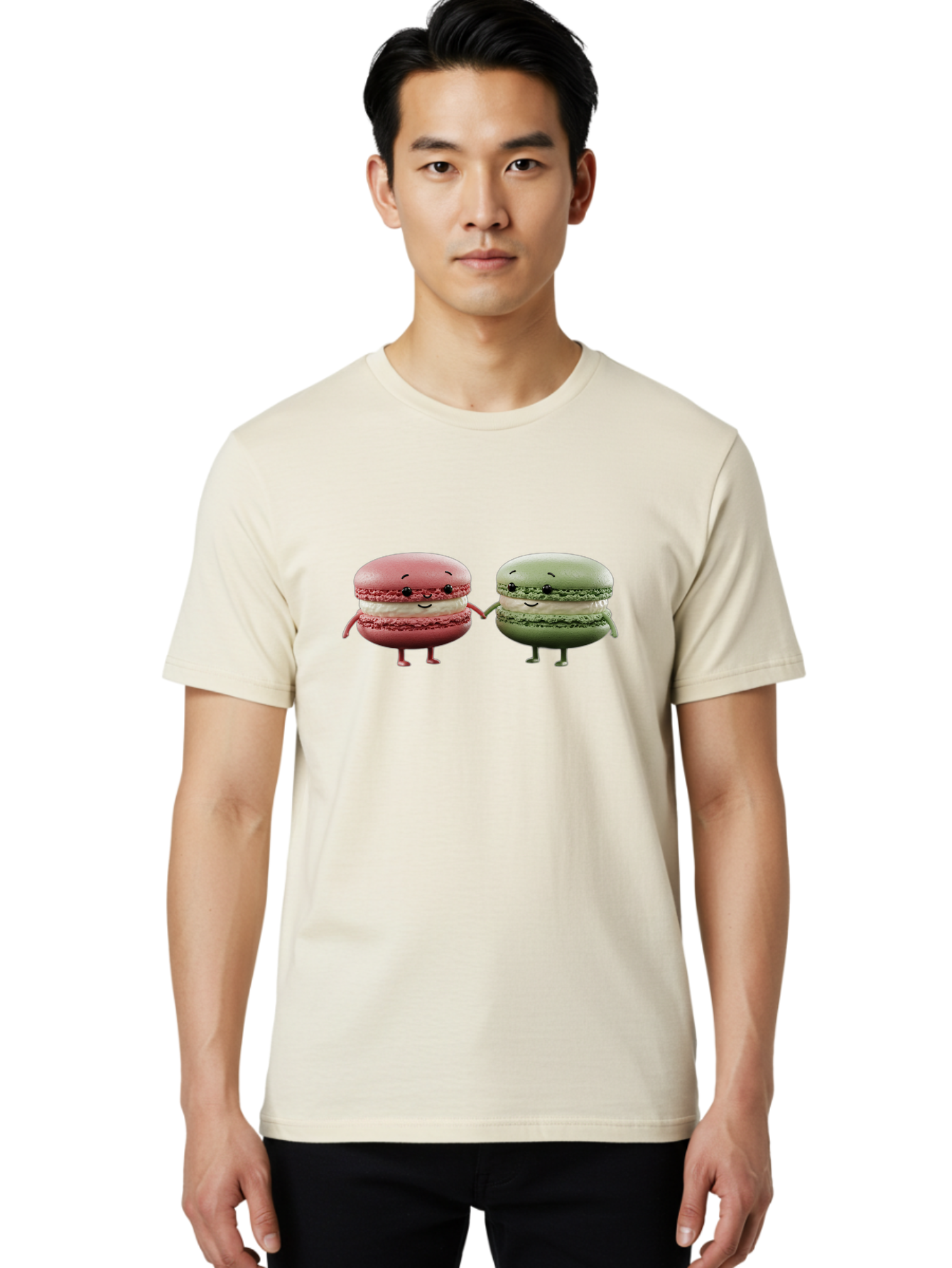 Pink-And-Green-Macarons Men'S Graphic Tee, 100% Cotton, Comfortable Casual Summer Wear, Machine Washable, Cute Macarons, Anthropomorphic Desserts, Smiling Faces, Holding Hands, Pink And Green Macarons, Adorable Characters, Funny Illustrations, Bab143
