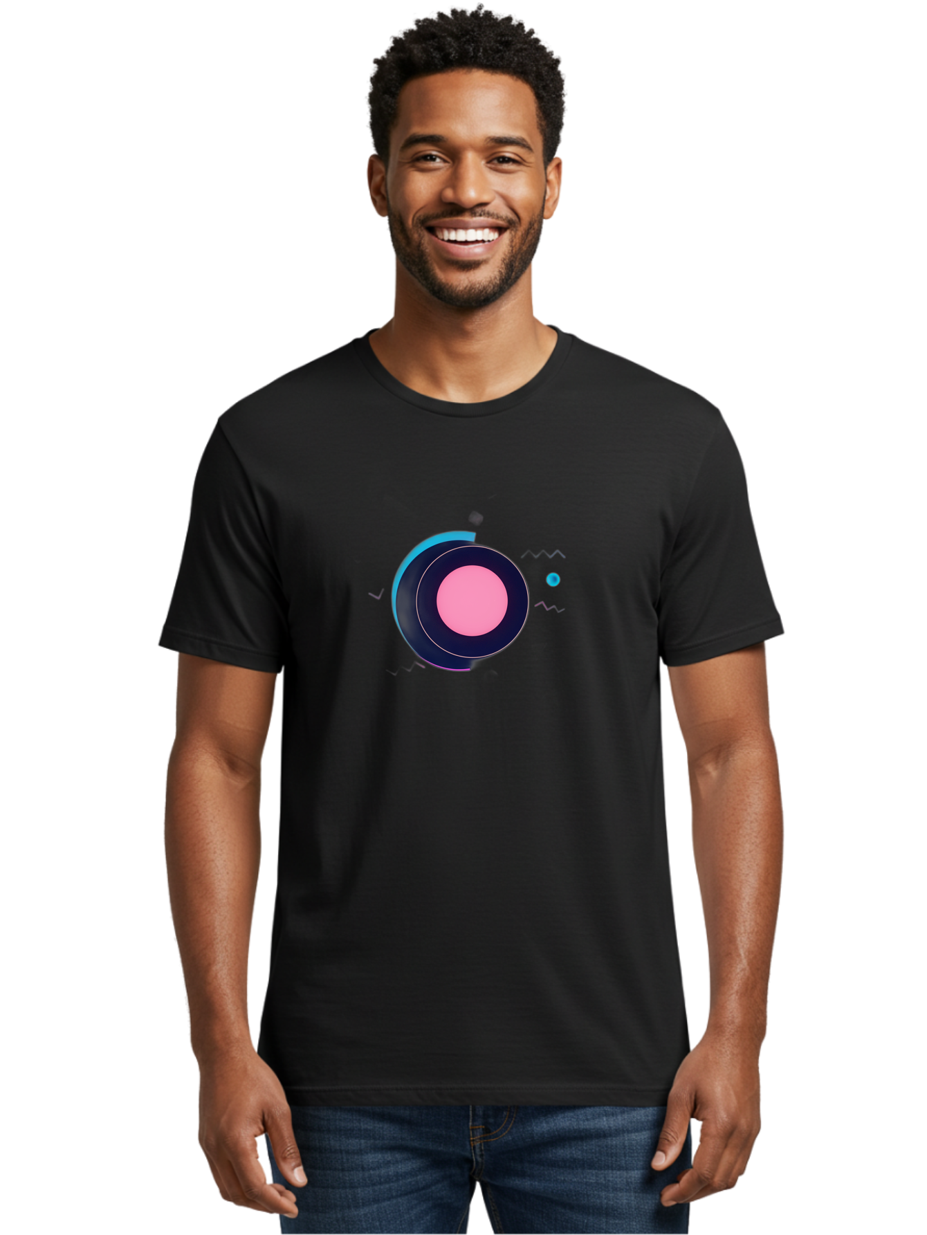 Pink-Circle Men'S Graphic Tee, 100% Cotton, Comfortable Casual Summer Wear, Machine Washable, Abstract Geometric Shapes, Layered Circle Design, Pink Center, Black And Blue Accents, Modern Art, Memphis Style, Minimalist Composition, Bab144