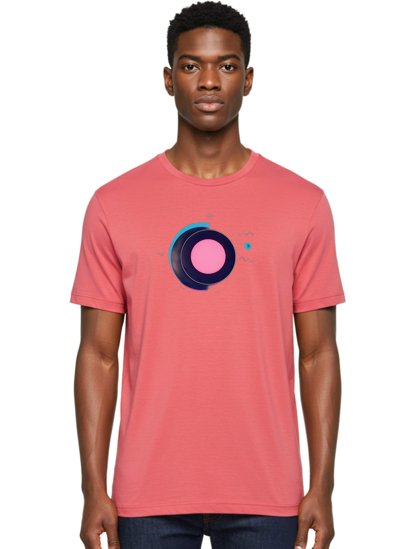 Pink-Circle Men'S Graphic Tee, 100% Cotton, Comfortable Casual Summer Wear, Machine Washable, Abstract Geometric Shapes, Layered Circle Design, Pink Center, Black And Blue Accents, Modern Art, Memphis Style, Minimalist Composition, Bab144