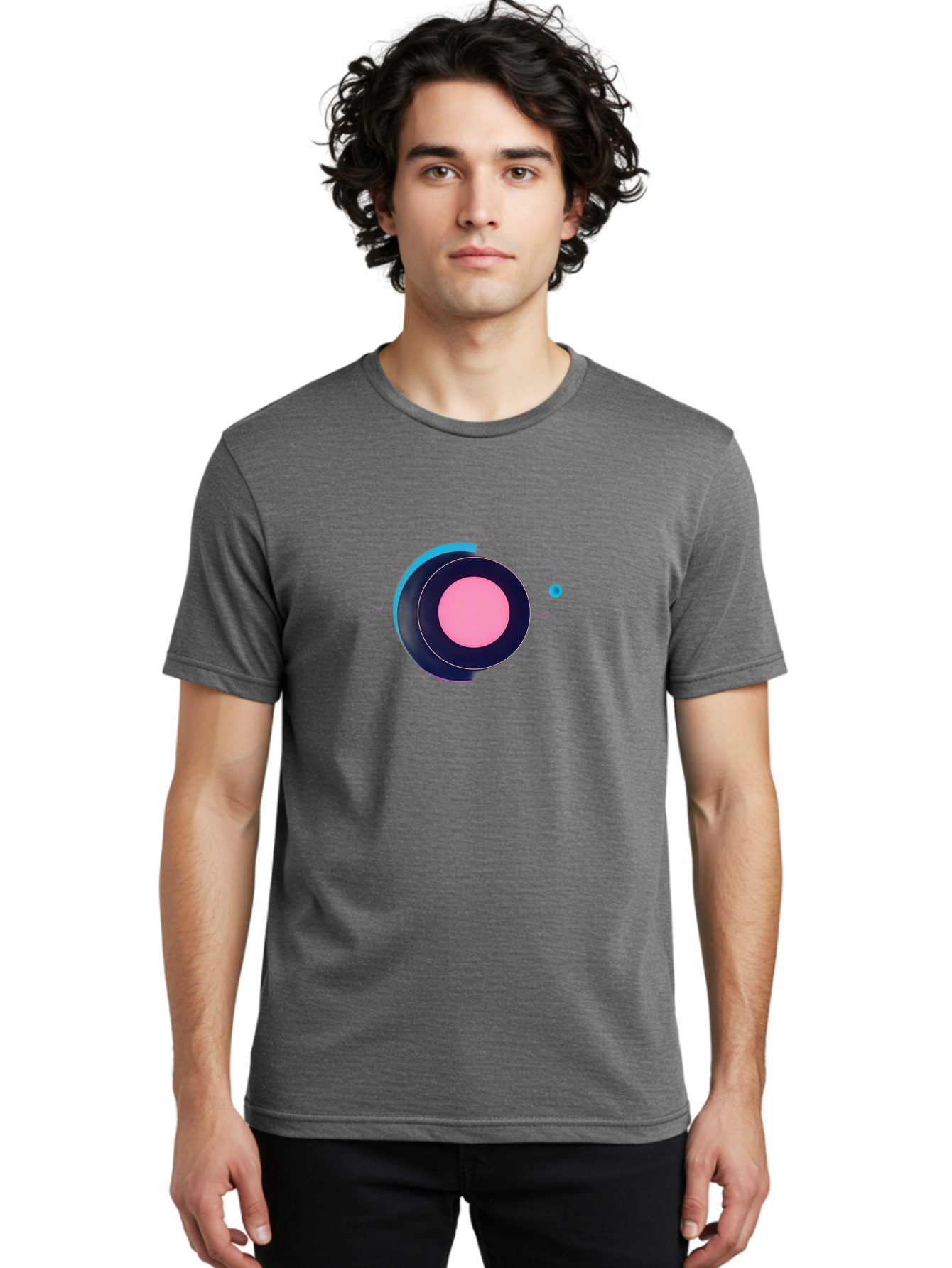 Pink-Circle Men'S Graphic Tee, 100% Cotton, Comfortable Casual Summer Wear, Machine Washable, Abstract Geometric Shapes, Layered Circle Design, Pink Center, Black And Blue Accents, Modern Art, Memphis Style, Minimalist Composition, Bab144