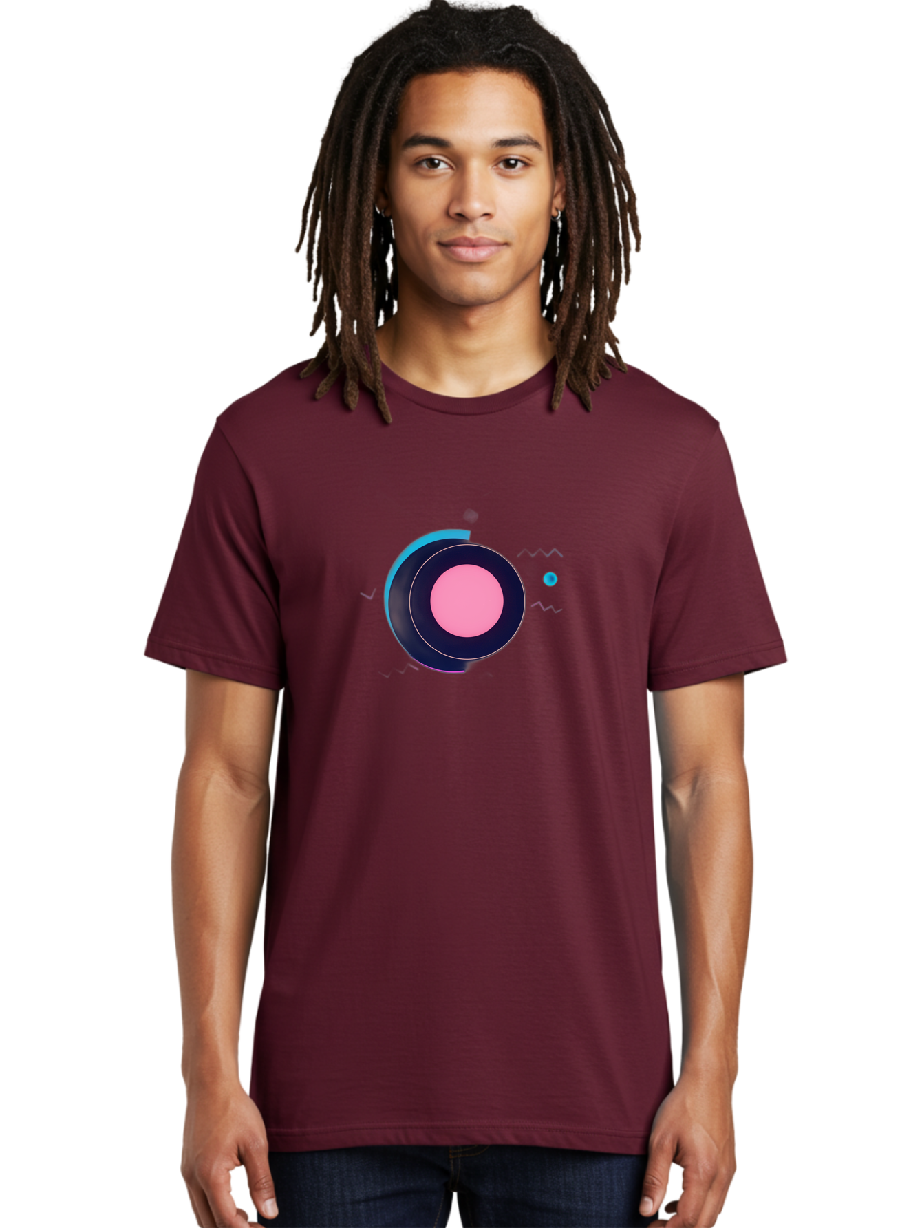 Pink-Circle Men'S Graphic Tee, 100% Cotton, Comfortable Casual Summer Wear, Machine Washable, Abstract Geometric Shapes, Layered Circle Design, Pink Center, Black And Blue Accents, Modern Art, Memphis Style, Minimalist Composition, Bab144