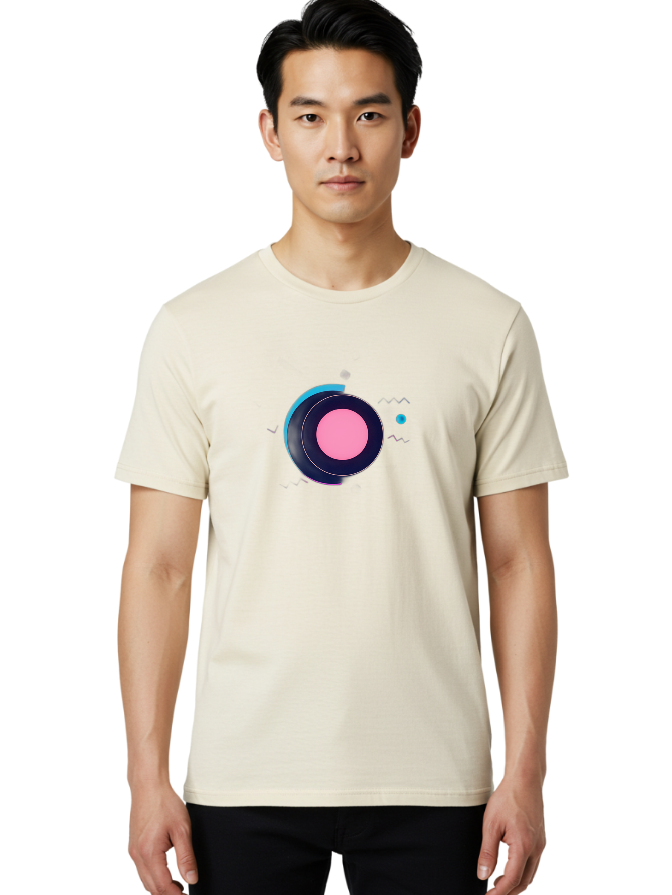 Pink-Circle Men'S Graphic Tee, 100% Cotton, Comfortable Casual Summer Wear, Machine Washable, Abstract Geometric Shapes, Layered Circle Design, Pink Center, Black And Blue Accents, Modern Art, Memphis Style, Minimalist Composition, Bab144