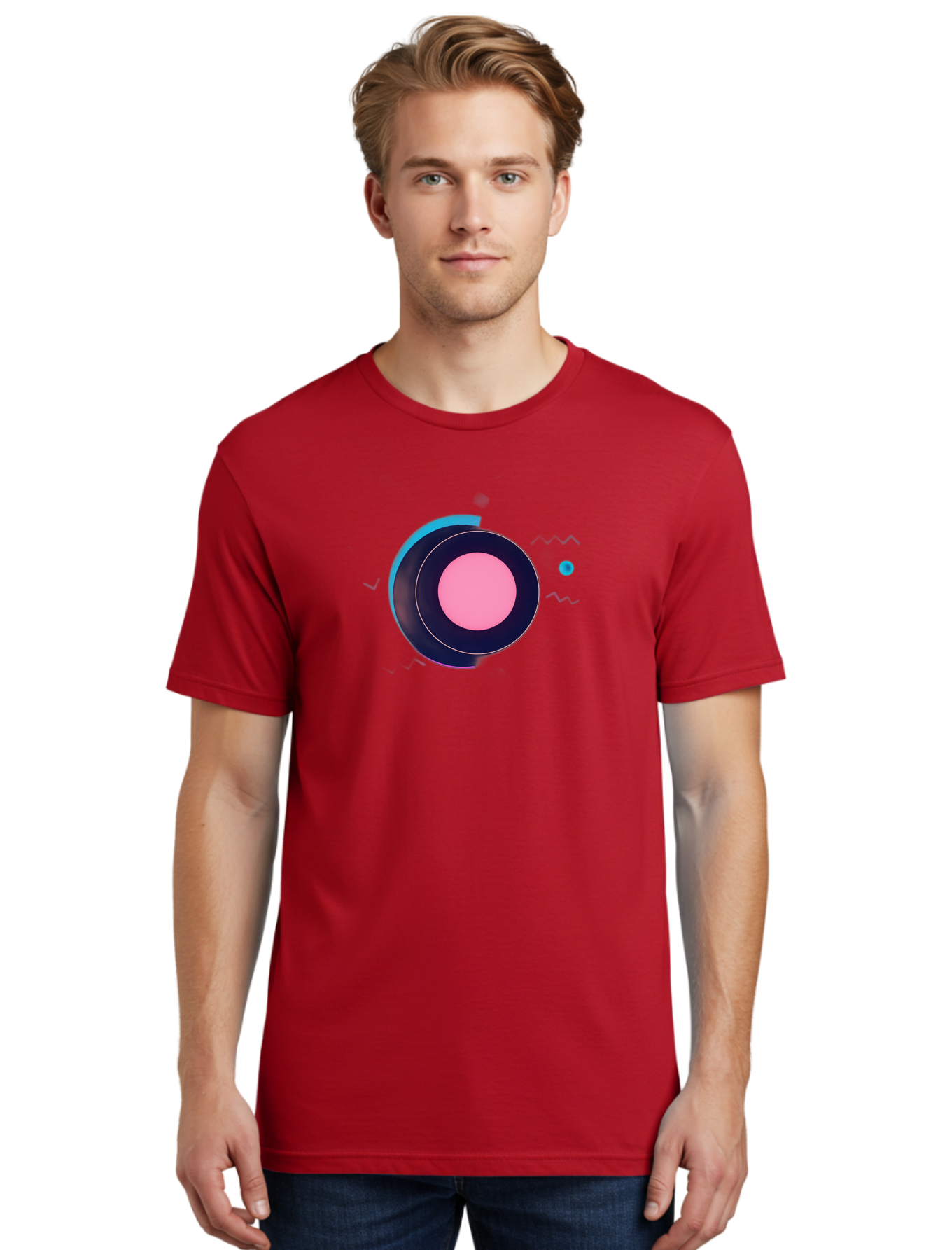 Pink-Circle Men'S Graphic Tee, 100% Cotton, Comfortable Casual Summer Wear, Machine Washable, Abstract Geometric Shapes, Layered Circle Design, Pink Center, Black And Blue Accents, Modern Art, Memphis Style, Minimalist Composition, Bab144