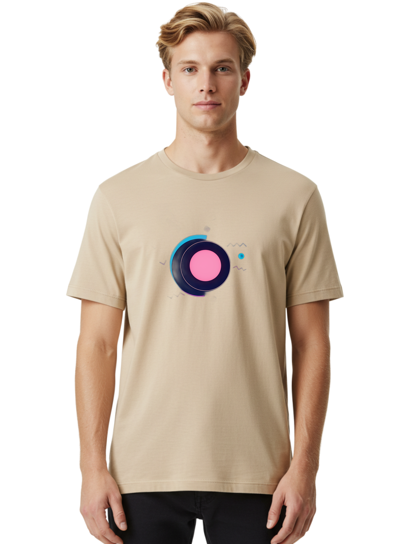 Pink-Circle Men'S Graphic Tee, 100% Cotton, Comfortable Casual Summer Wear, Machine Washable, Abstract Geometric Shapes, Layered Circle Design, Pink Center, Black And Blue Accents, Modern Art, Memphis Style, Minimalist Composition, Bab144