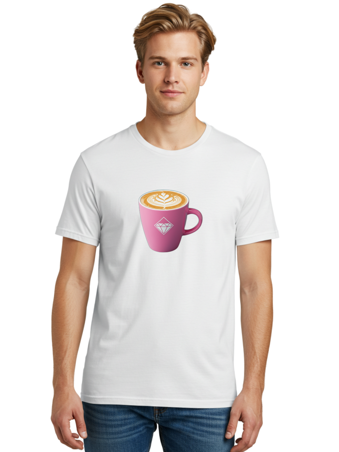 Pink-Coffee-Cup Men'S Graphic Tee, 100% Cotton, Comfortable Casual Summer Wear, Machine Washable, Coffee Cup, Latte Art, Pink Mug, Diamond Logo, Coffee Culture, Morning Coffee, Coffee Break, Hot Beverage Bab145