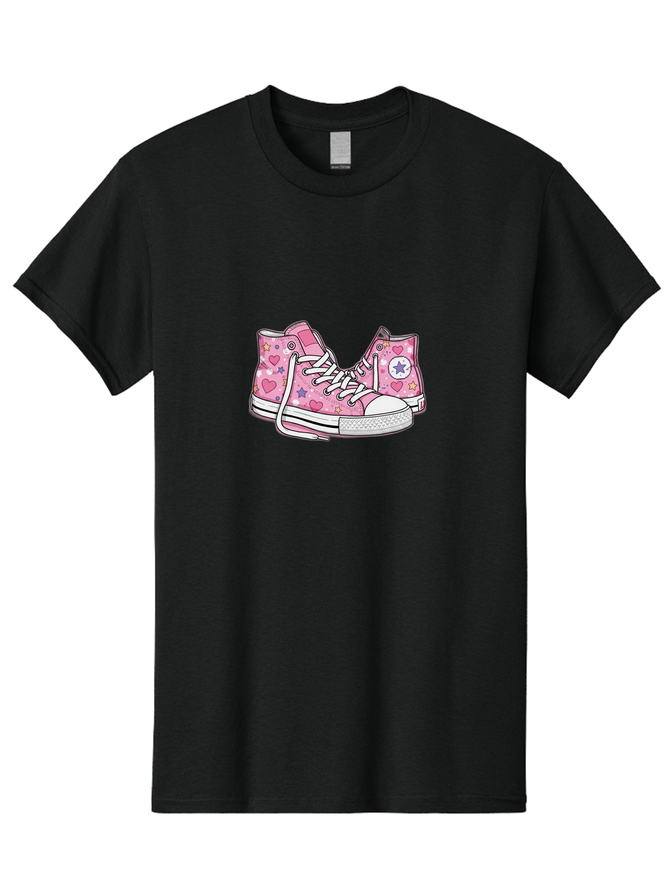 Pink-Converse Men'S Graphic Tee, 100% Cotton, Comfortable Casual Summer Wear, Machine Washable, Pink Converse Shoes, Hearts And Stars Pattern, Cartoon Sneakers, White Laces, Fashion Illustration, Custom Converse, Star Logo Bab146