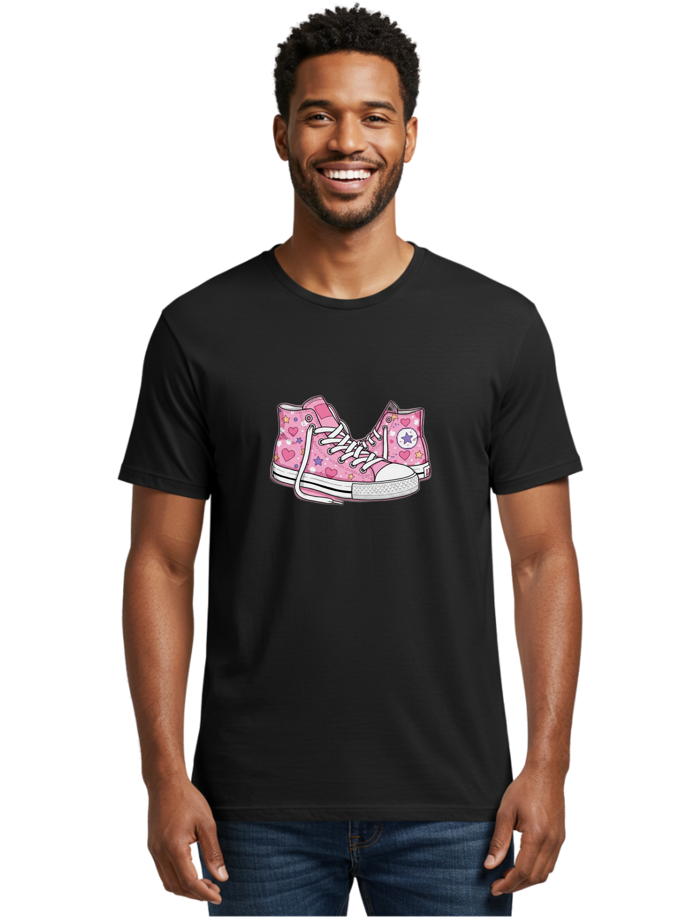Pink-Converse Men'S Graphic Tee, 100% Cotton, Comfortable Casual Summer Wear, Machine Washable, Pink Converse Shoes, Hearts And Stars Pattern, Cartoon Sneakers, White Laces, Fashion Illustration, Custom Converse, Star Logo Bab146