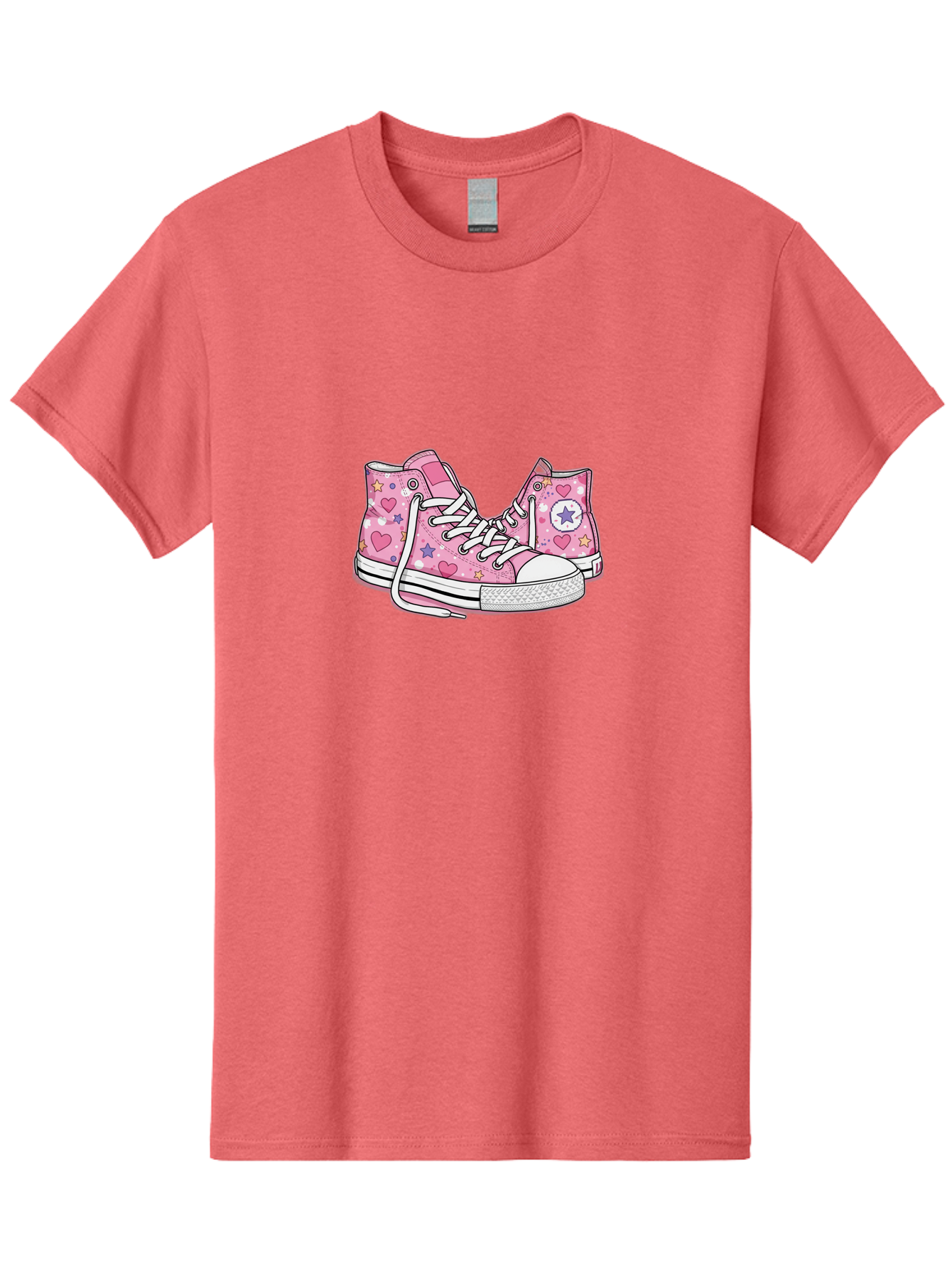 Pink-Converse Men'S Graphic Tee, 100% Cotton, Comfortable Casual Summer Wear, Machine Washable, Pink Converse Shoes, Hearts And Stars Pattern, Cartoon Sneakers, White Laces, Fashion Illustration, Custom Converse, Star Logo Bab146