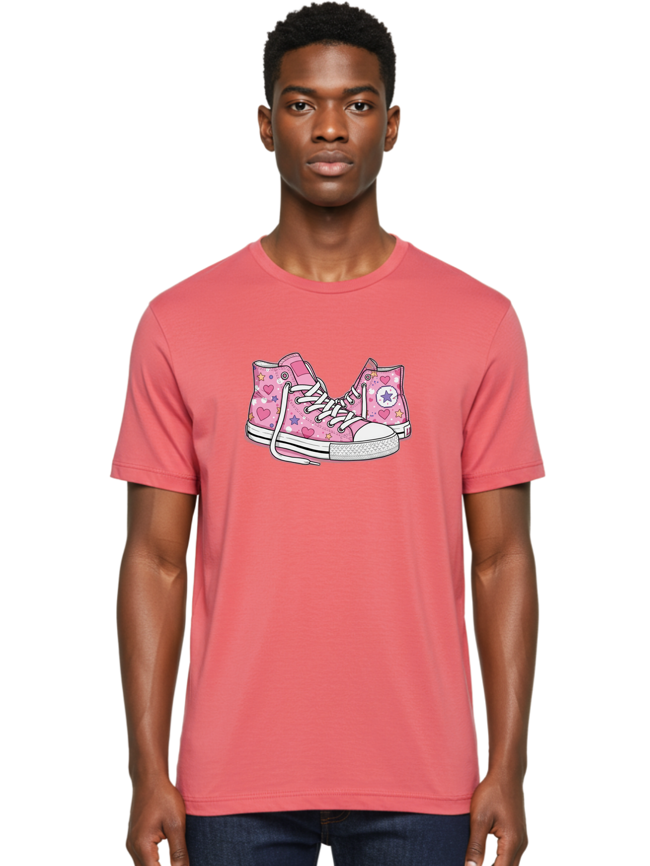 Pink-Converse Men'S Graphic Tee, 100% Cotton, Comfortable Casual Summer Wear, Machine Washable, Pink Converse Shoes, Hearts And Stars Pattern, Cartoon Sneakers, White Laces, Fashion Illustration, Custom Converse, Star Logo Bab146