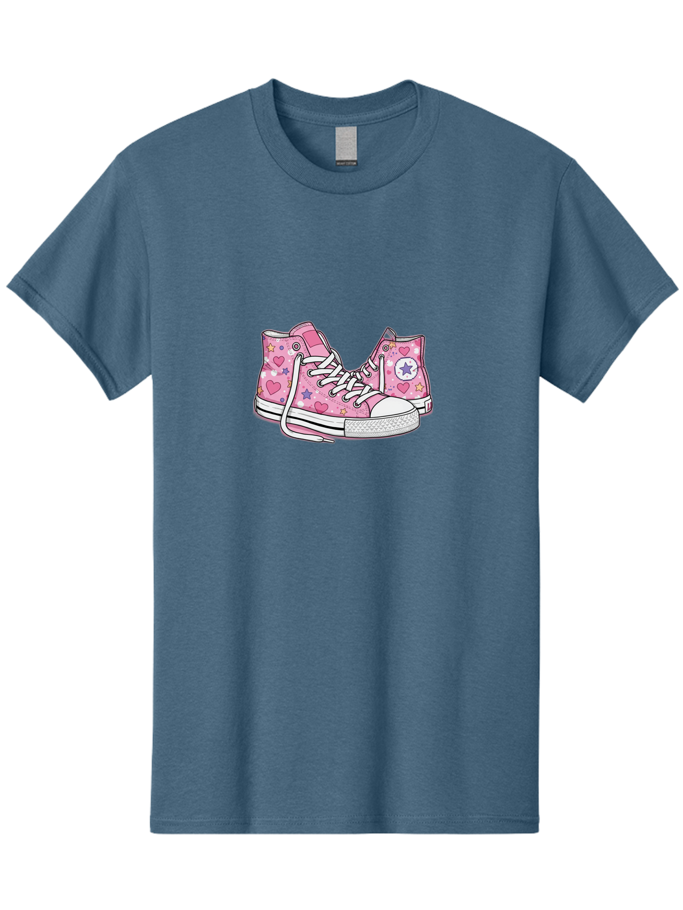 Pink-Converse Men'S Graphic Tee, 100% Cotton, Comfortable Casual Summer Wear, Machine Washable, Pink Converse Shoes, Hearts And Stars Pattern, Cartoon Sneakers, White Laces, Fashion Illustration, Custom Converse, Star Logo Bab146