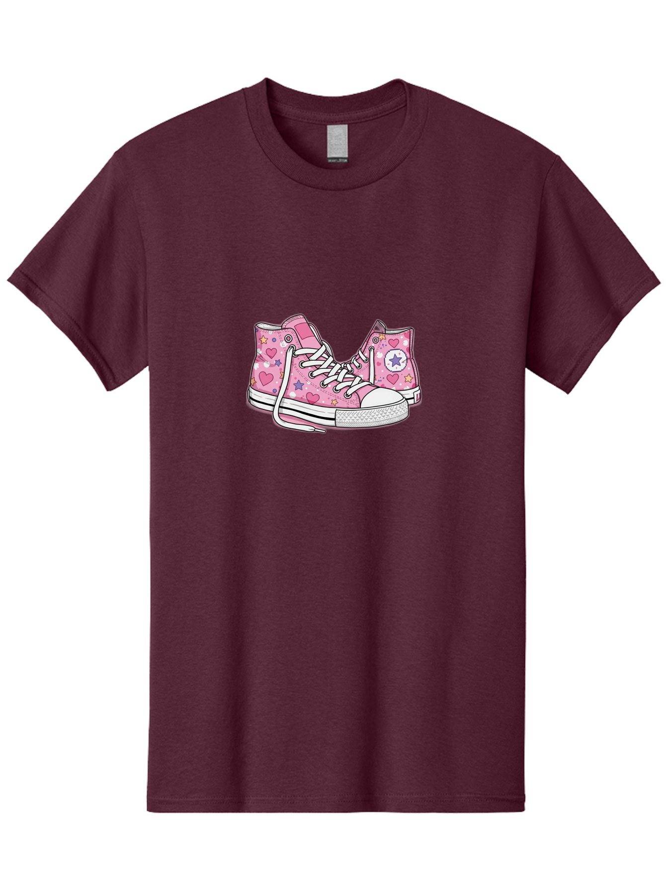 Pink-Converse Men'S Graphic Tee, 100% Cotton, Comfortable Casual Summer Wear, Machine Washable, Pink Converse Shoes, Hearts And Stars Pattern, Cartoon Sneakers, White Laces, Fashion Illustration, Custom Converse, Star Logo Bab146