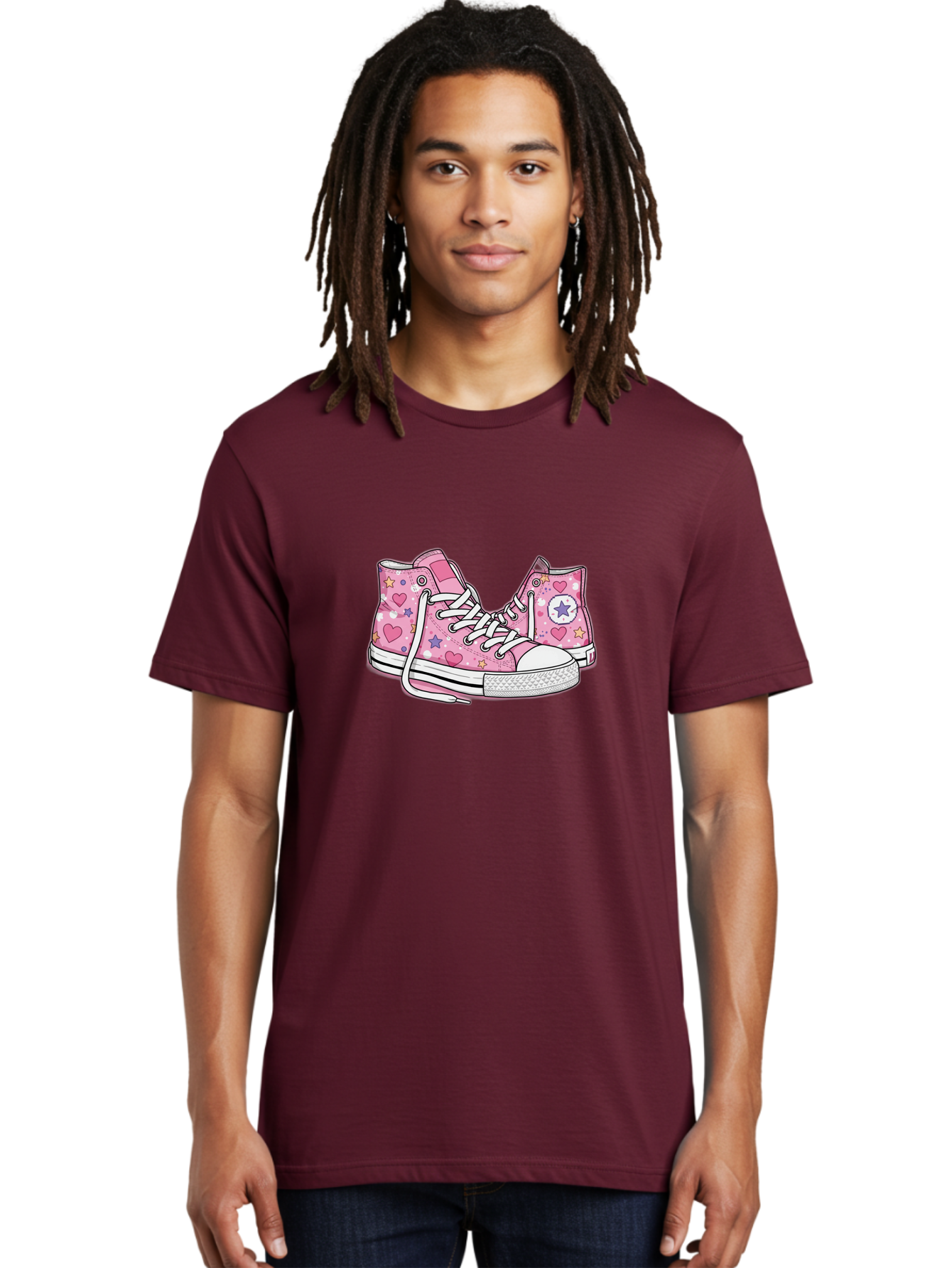Pink-Converse Men'S Graphic Tee, 100% Cotton, Comfortable Casual Summer Wear, Machine Washable, Pink Converse Shoes, Hearts And Stars Pattern, Cartoon Sneakers, White Laces, Fashion Illustration, Custom Converse, Star Logo Bab146