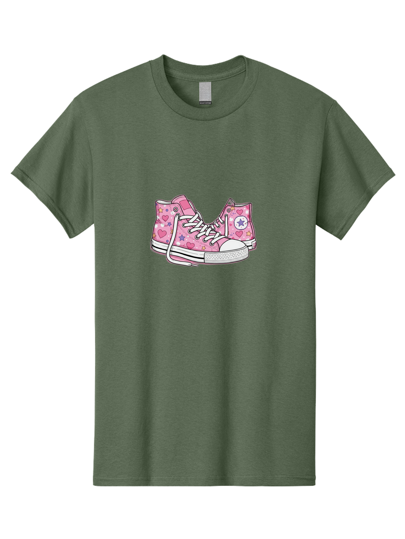 Pink-Converse Men'S Graphic Tee, 100% Cotton, Comfortable Casual Summer Wear, Machine Washable, Pink Converse Shoes, Hearts And Stars Pattern, Cartoon Sneakers, White Laces, Fashion Illustration, Custom Converse, Star Logo Bab146