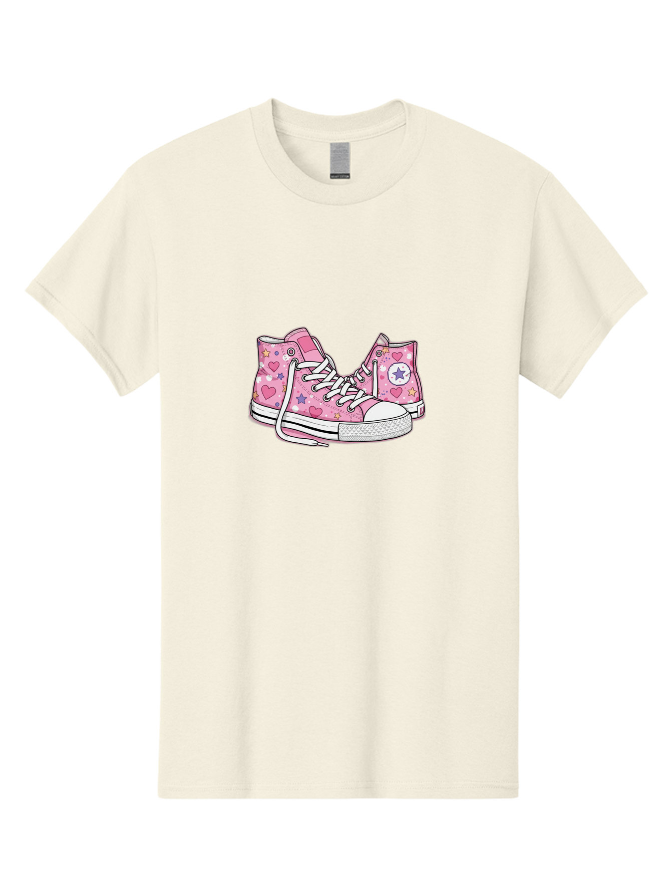 Pink-Converse Men'S Graphic Tee, 100% Cotton, Comfortable Casual Summer Wear, Machine Washable, Pink Converse Shoes, Hearts And Stars Pattern, Cartoon Sneakers, White Laces, Fashion Illustration, Custom Converse, Star Logo Bab146