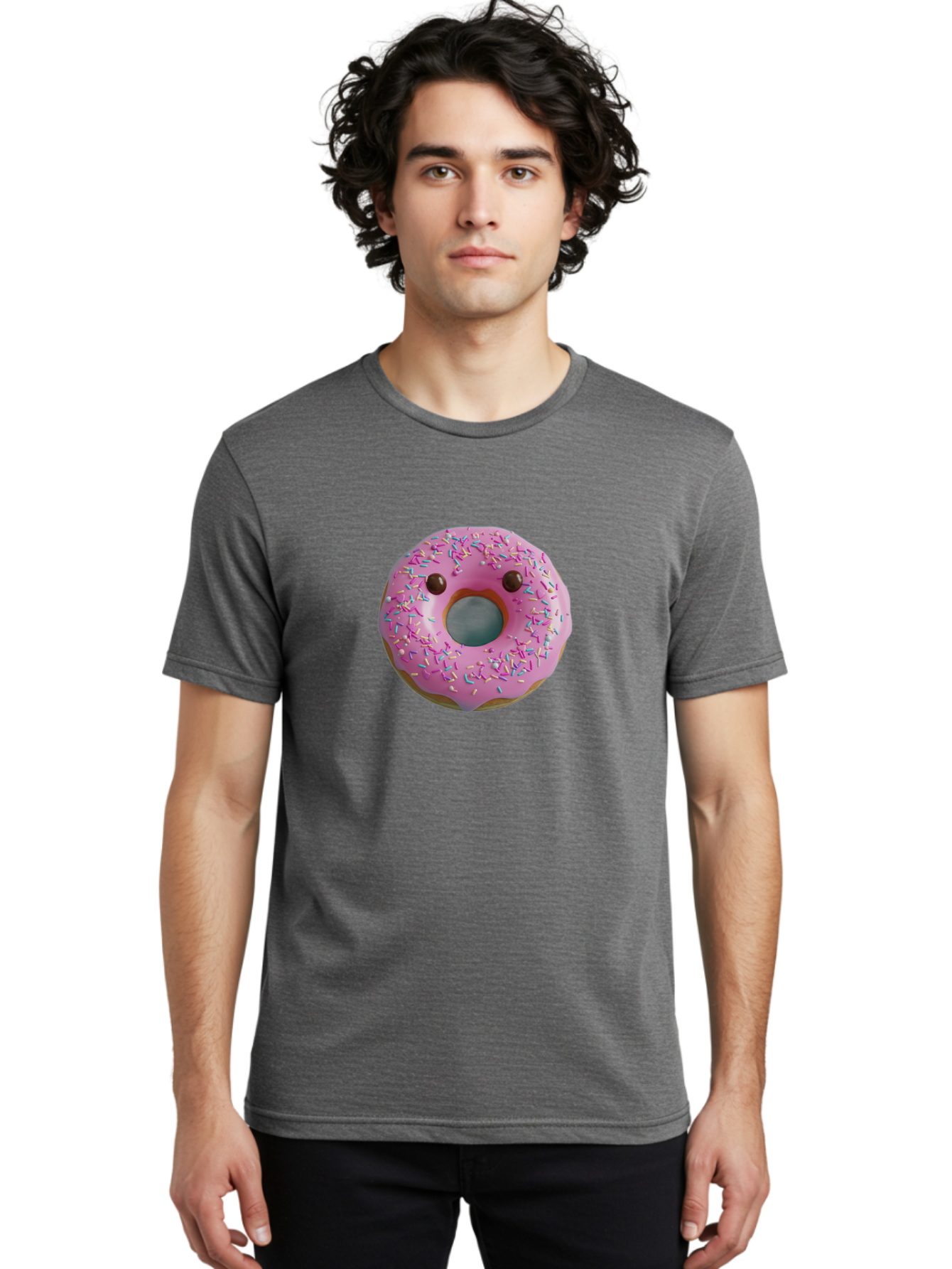 Pink-Donut-10 Men'S Graphic Tee, 100% Cotton, Comfortable Casual Summer Wear, Machine Washable, Pink Frosted Donut, Donut With Sprinkles, Chocolate Chip Eyes, Cute Donut, Sweet Treat, Colorful Dessert, Tasty Pastry, Donut Art, Fun Food, Bab148
