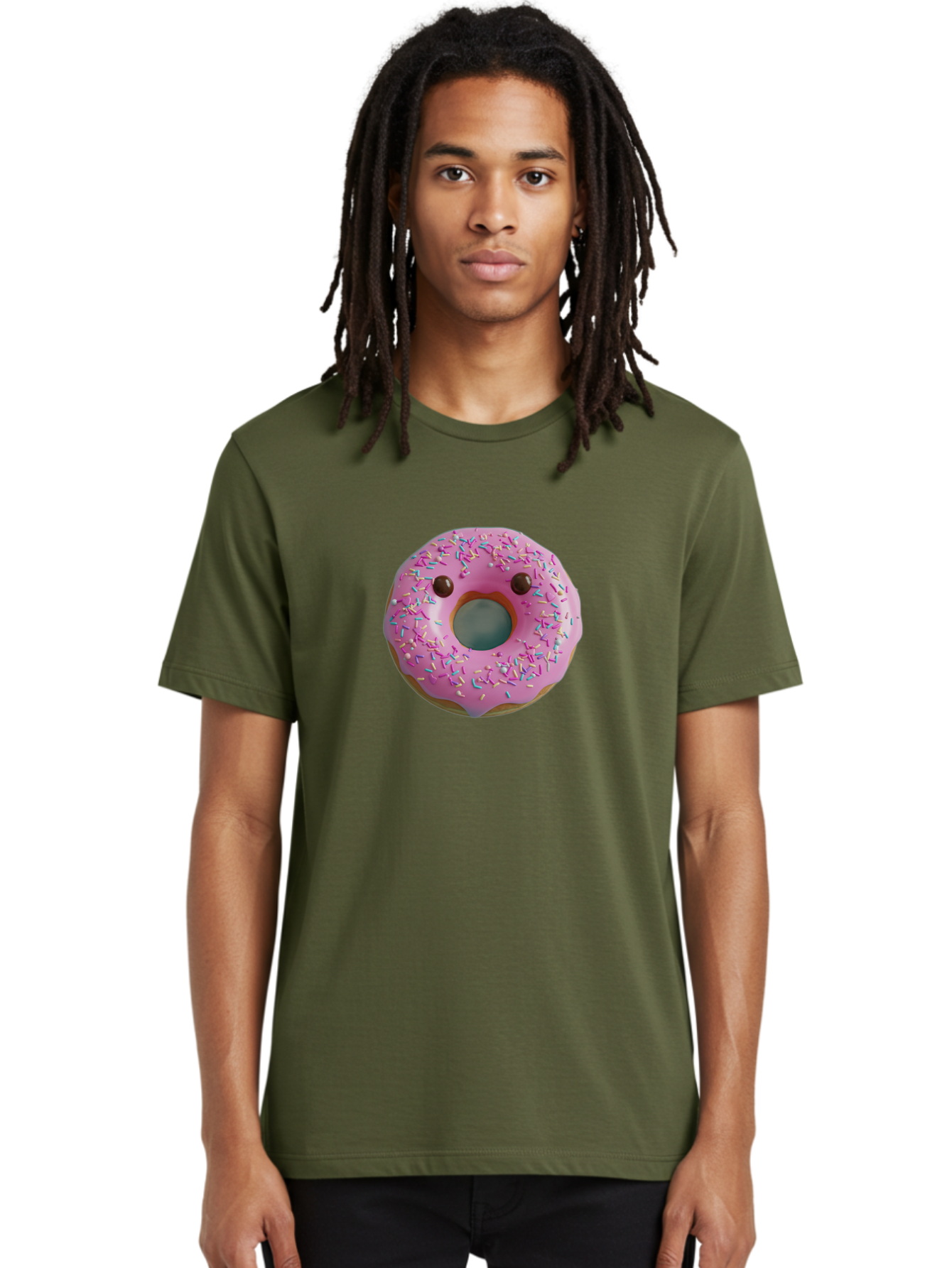 Pink-Donut-10 Men'S Graphic Tee, 100% Cotton, Comfortable Casual Summer Wear, Machine Washable, Pink Frosted Donut, Donut With Sprinkles, Chocolate Chip Eyes, Cute Donut, Sweet Treat, Colorful Dessert, Tasty Pastry, Donut Art, Fun Food, Bab148