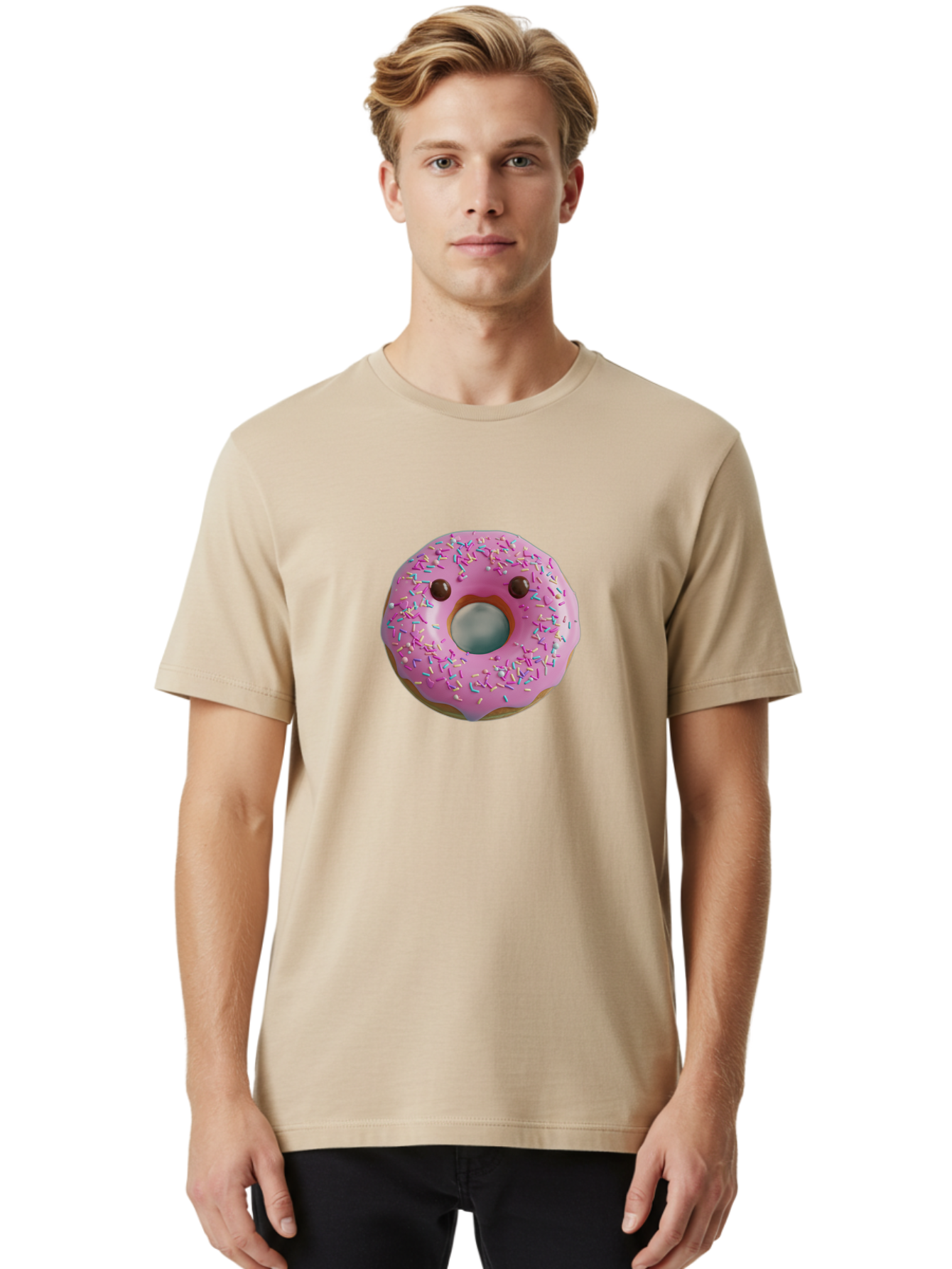 Pink-Donut-10 Men'S Graphic Tee, 100% Cotton, Comfortable Casual Summer Wear, Machine Washable, Pink Frosted Donut, Donut With Sprinkles, Chocolate Chip Eyes, Cute Donut, Sweet Treat, Colorful Dessert, Tasty Pastry, Donut Art, Fun Food, Bab148
