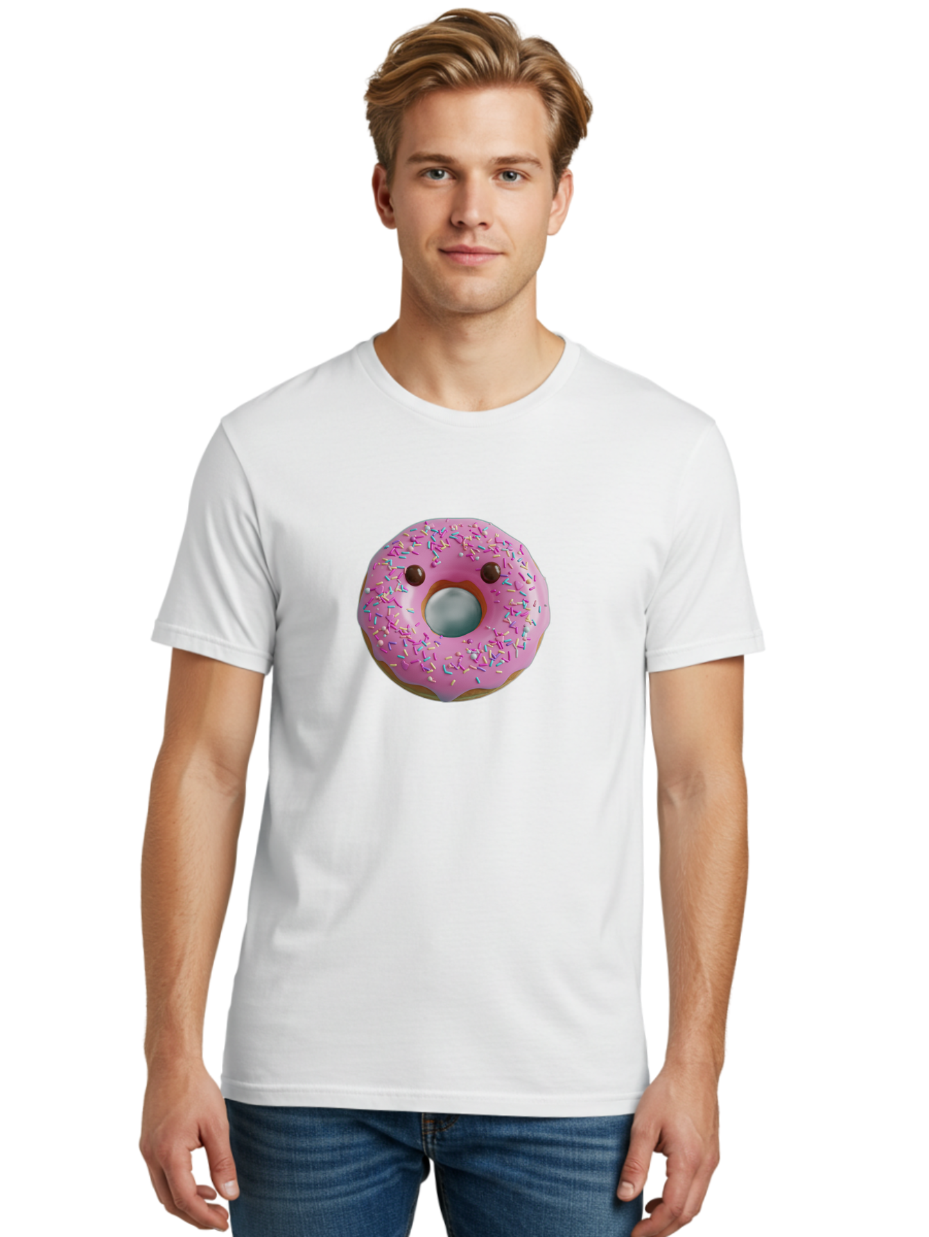 Pink-Donut-10 Men'S Graphic Tee, 100% Cotton, Comfortable Casual Summer Wear, Machine Washable, Pink Frosted Donut, Donut With Sprinkles, Chocolate Chip Eyes, Cute Donut, Sweet Treat, Colorful Dessert, Tasty Pastry, Donut Art, Fun Food, Bab148