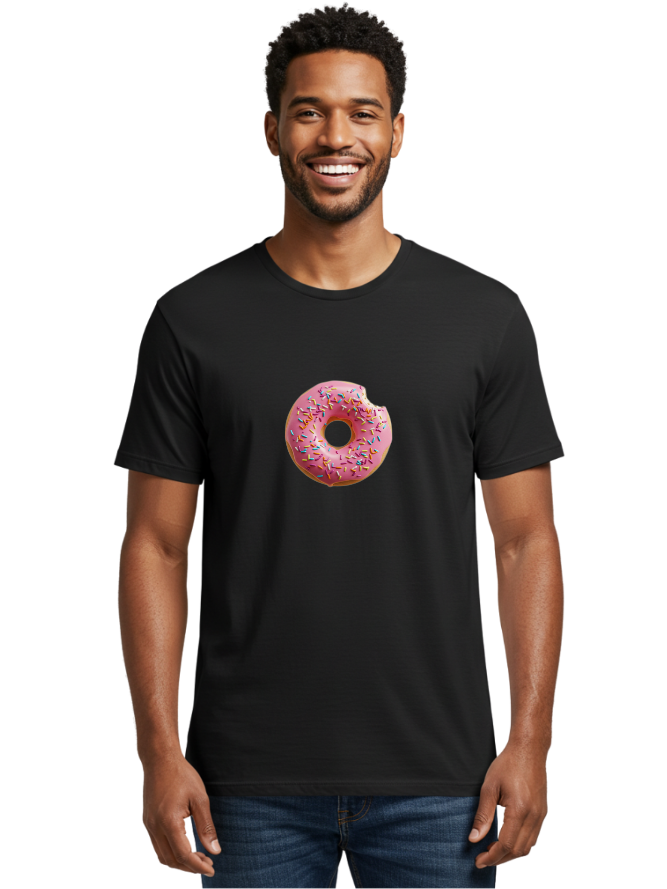Pink-Donut-2 Men'S Graphic Tee, 100% Cotton, Comfortable Casual Summer Wear, Machine Washable, Pink Frosted Donut, Donut With Sprinkles, Sweet Treats, Colorful Dessert, Bitten Donut, Sprinkles, Tasty Pastry, Sweet Indulgence, Dessert Delight Bab149