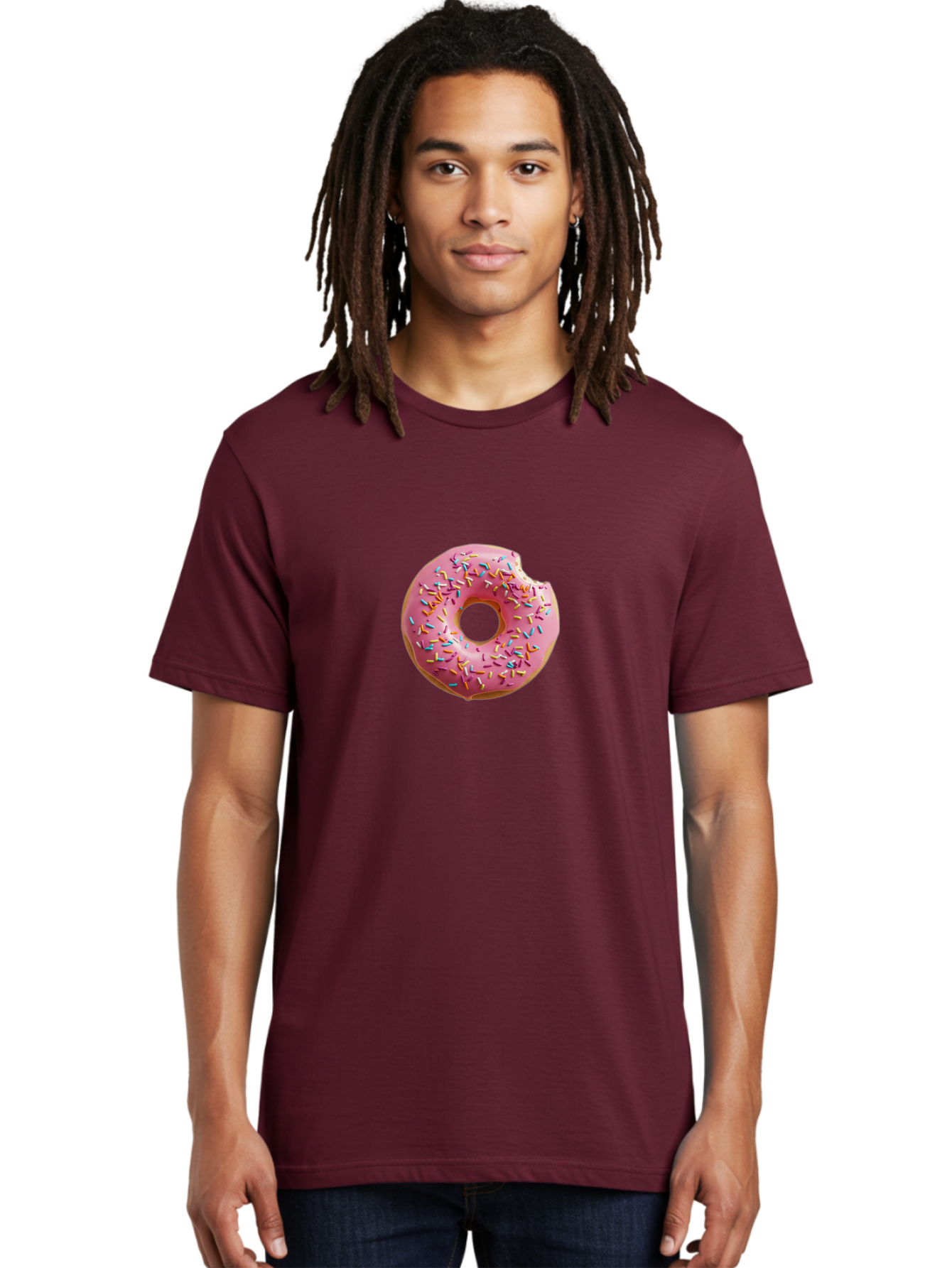 Pink-Donut-2 Men'S Graphic Tee, 100% Cotton, Comfortable Casual Summer Wear, Machine Washable, Pink Frosted Donut, Donut With Sprinkles, Sweet Treats, Colorful Dessert, Bitten Donut, Sprinkles, Tasty Pastry, Sweet Indulgence, Dessert Delight Bab149