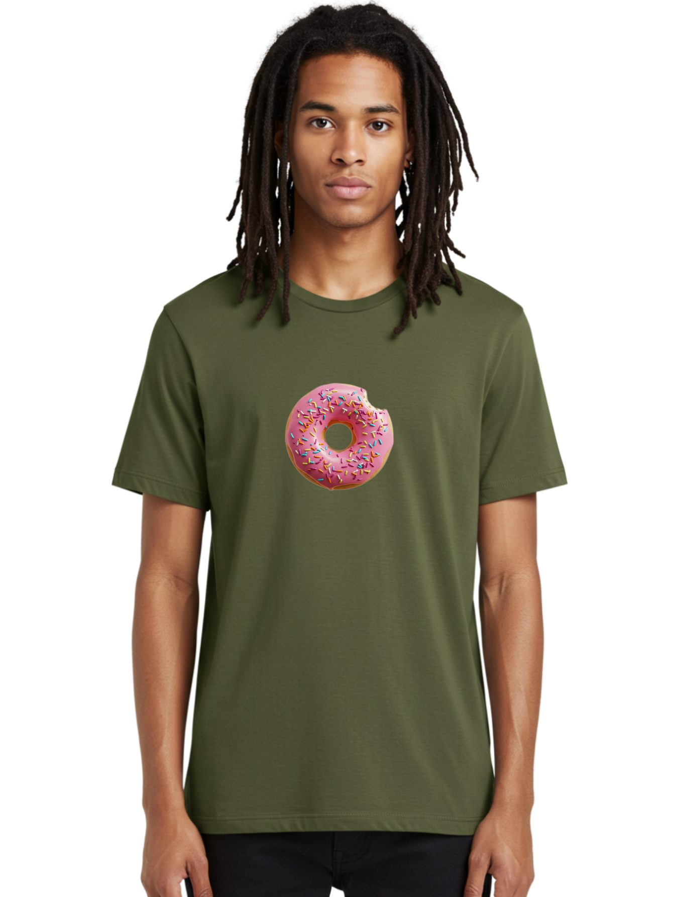 Pink-Donut-2 Men'S Graphic Tee, 100% Cotton, Comfortable Casual Summer Wear, Machine Washable, Pink Frosted Donut, Donut With Sprinkles, Sweet Treats, Colorful Dessert, Bitten Donut, Sprinkles, Tasty Pastry, Sweet Indulgence, Dessert Delight Bab149