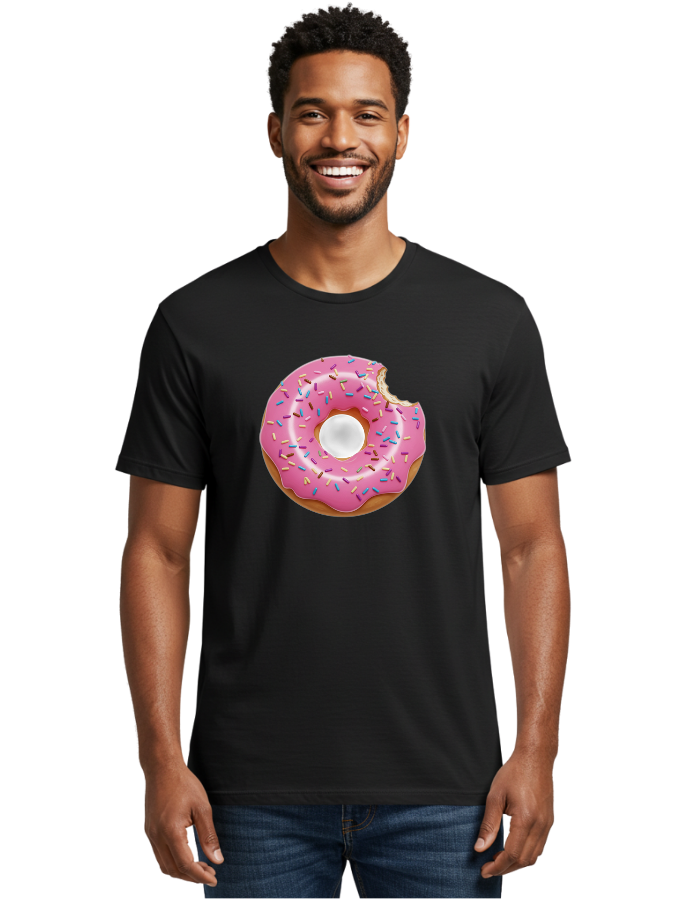 Pink-Donut-4 Men'S Graphic Tee, 100% Cotton, Comfortable Casual Summer Wear, Machine Washable, Pink Donut With Sprinkles, Bitten Donut, Sweet Treats, Colorful Dessert, Tasty Pastry, Glazed Donut, Sprinkles Galore, Donut Delight, Baked Goods Bab151