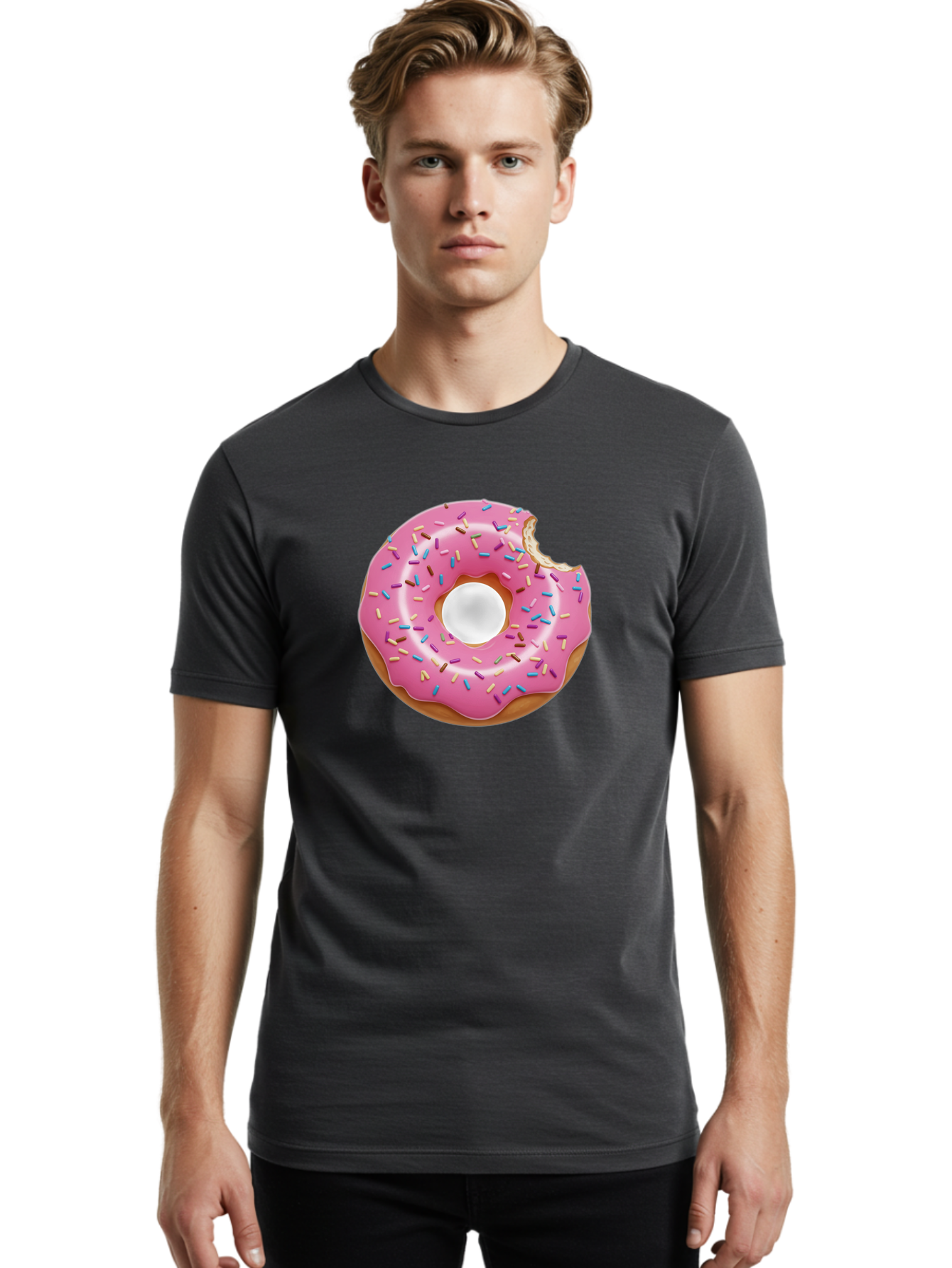 Pink-Donut-4 Men'S Graphic Tee, 100% Cotton, Comfortable Casual Summer Wear, Machine Washable, Pink Donut With Sprinkles, Bitten Donut, Sweet Treats, Colorful Dessert, Tasty Pastry, Glazed Donut, Sprinkles Galore, Donut Delight, Baked Goods Bab151
