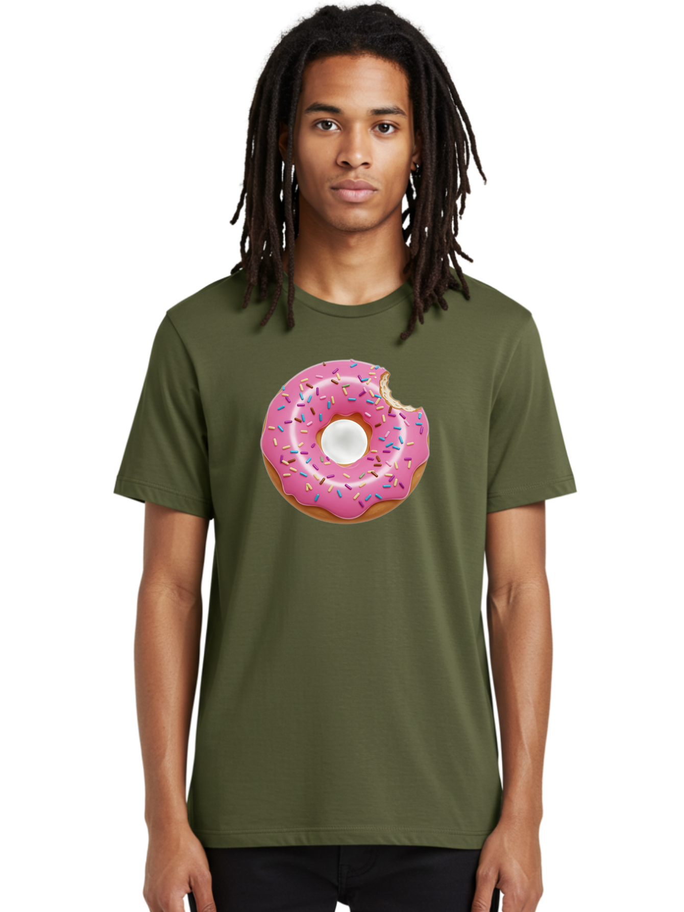 Pink-Donut-4 Men'S Graphic Tee, 100% Cotton, Comfortable Casual Summer Wear, Machine Washable, Pink Donut With Sprinkles, Bitten Donut, Sweet Treats, Colorful Dessert, Tasty Pastry, Glazed Donut, Sprinkles Galore, Donut Delight, Baked Goods Bab151