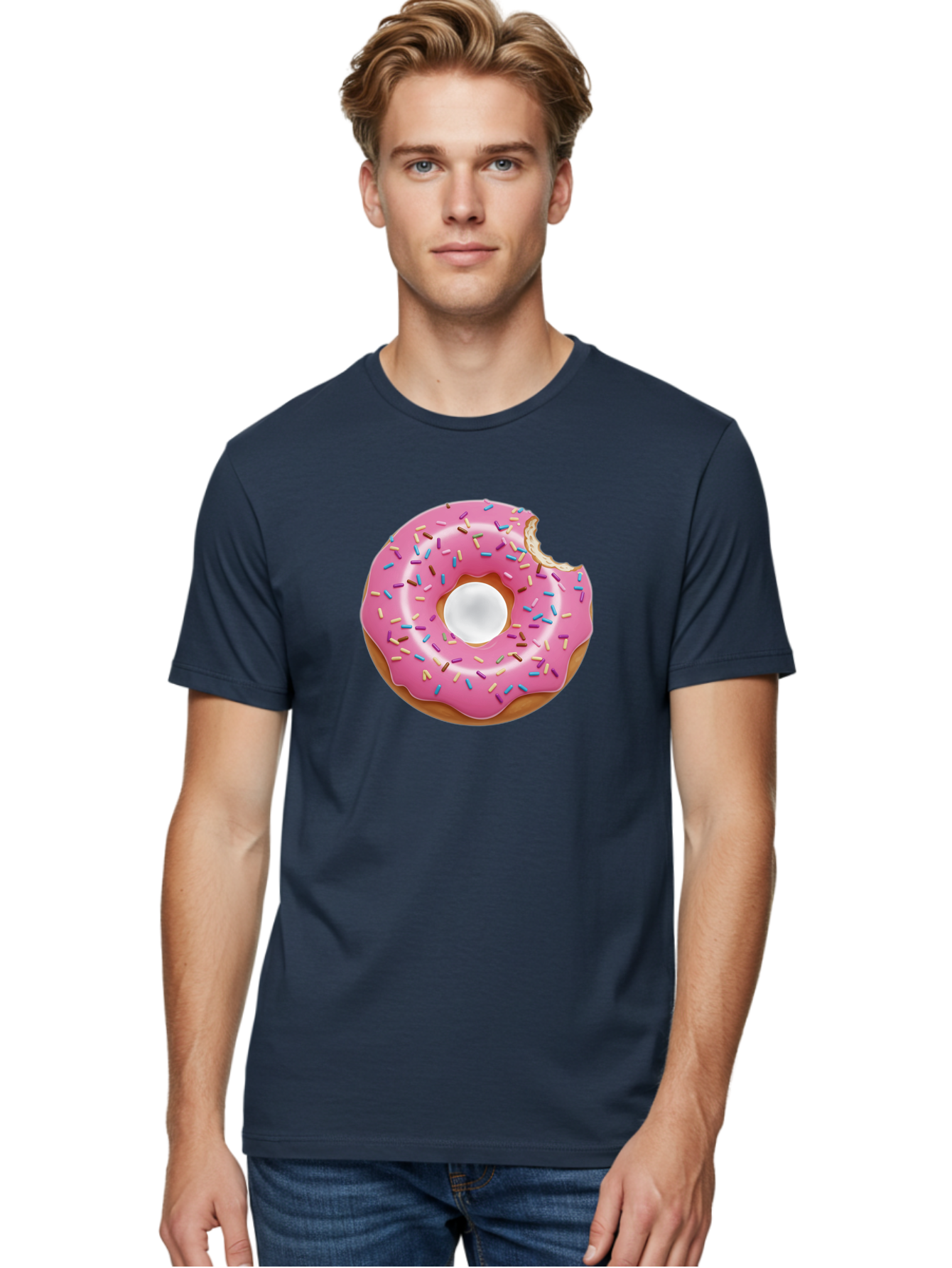 Pink-Donut-4 Men'S Graphic Tee, 100% Cotton, Comfortable Casual Summer Wear, Machine Washable, Pink Donut With Sprinkles, Bitten Donut, Sweet Treats, Colorful Dessert, Tasty Pastry, Glazed Donut, Sprinkles Galore, Donut Delight, Baked Goods Bab151