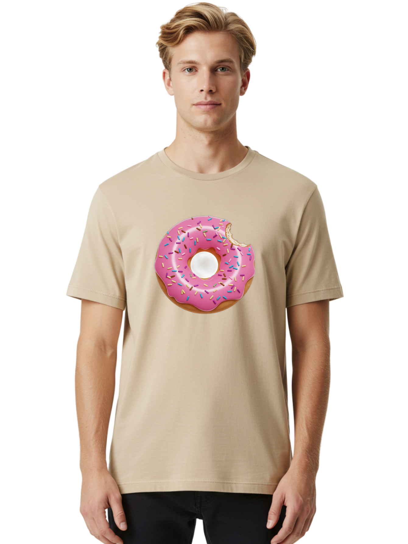 Pink-Donut-4 Men'S Graphic Tee, 100% Cotton, Comfortable Casual Summer Wear, Machine Washable, Pink Donut With Sprinkles, Bitten Donut, Sweet Treats, Colorful Dessert, Tasty Pastry, Glazed Donut, Sprinkles Galore, Donut Delight, Baked Goods Bab151