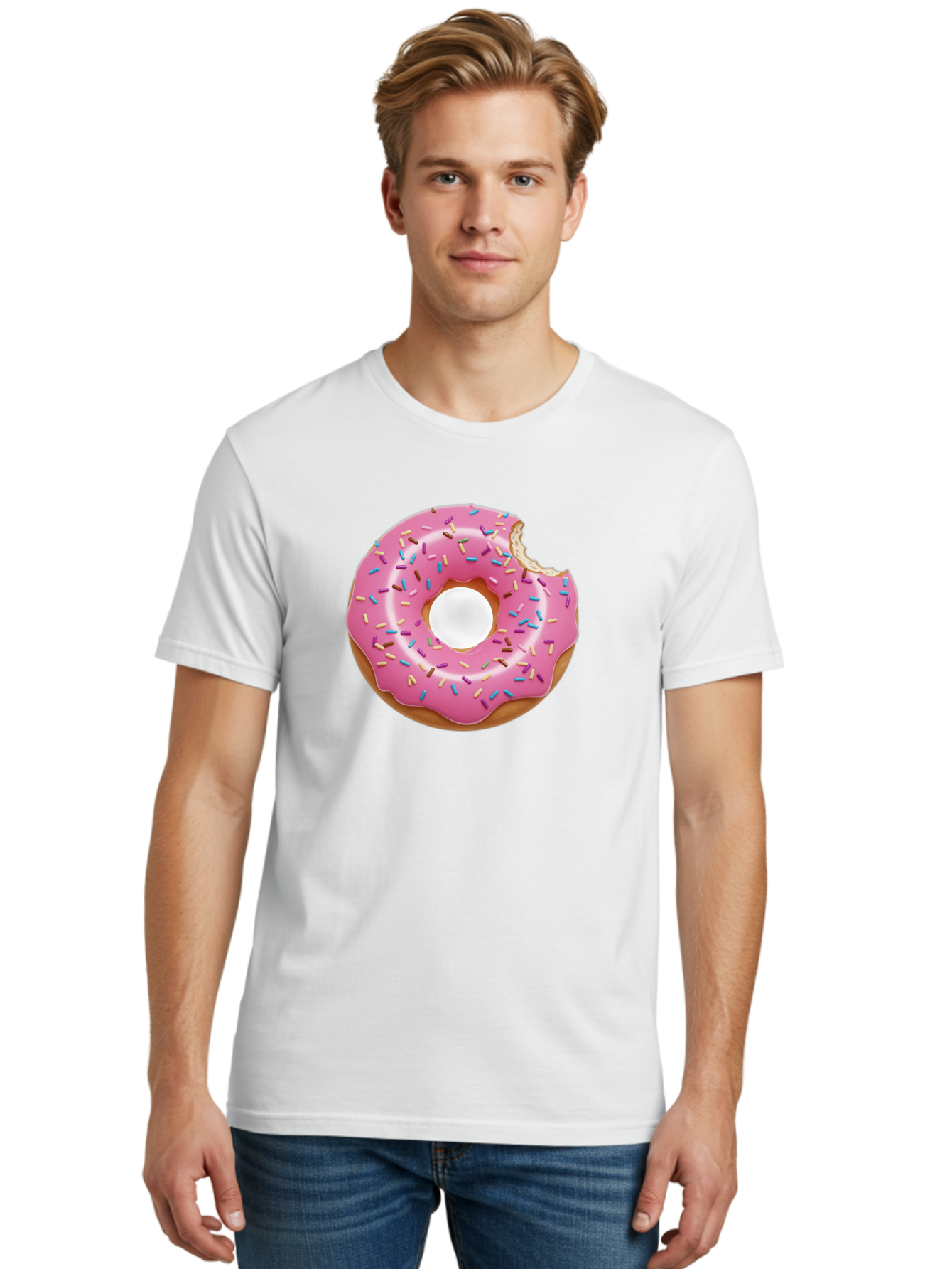 Pink-Donut-4 Men'S Graphic Tee, 100% Cotton, Comfortable Casual Summer Wear, Machine Washable, Pink Donut With Sprinkles, Bitten Donut, Sweet Treats, Colorful Dessert, Tasty Pastry, Glazed Donut, Sprinkles Galore, Donut Delight, Baked Goods Bab151