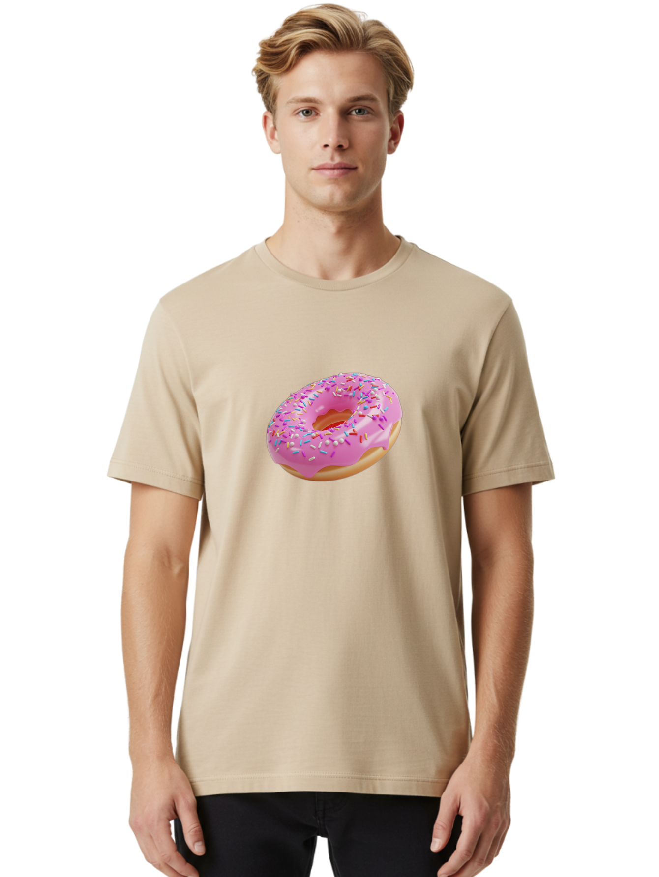 Pink-Donut-9 Men'S Graphic Tee, 100% Cotton, Comfortable Casual Summer Wear, Machine Washable, Pink Frosted Donut, Donut With Sprinkles, Sweet Treats, Colorful Dessert, Tasty Pastry, Baked Goods, Sugary Delight, Yummy Donut Bab156