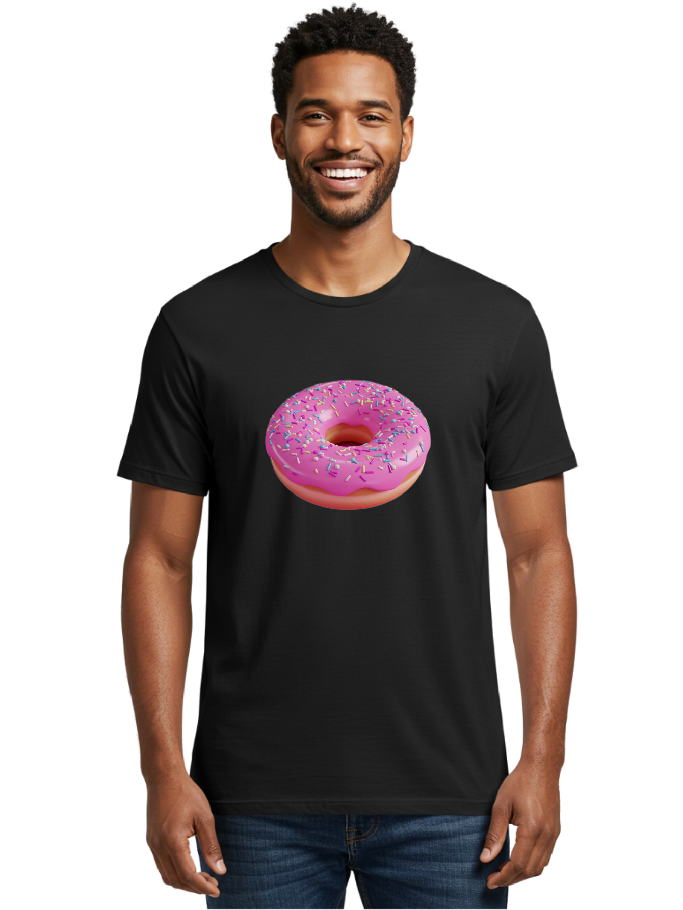 Pink-Donut-With-Sprinkles-1 Men'S Graphic Tee, 100% Cotton, Comfortable Casual Summer Wear, Machine Washable, Donut With Pink Glaze, Colorful Sprinkles, Sweet Treats, Dessert, Baked Goods, Tasty Pastries, Yummy Donut Bab158