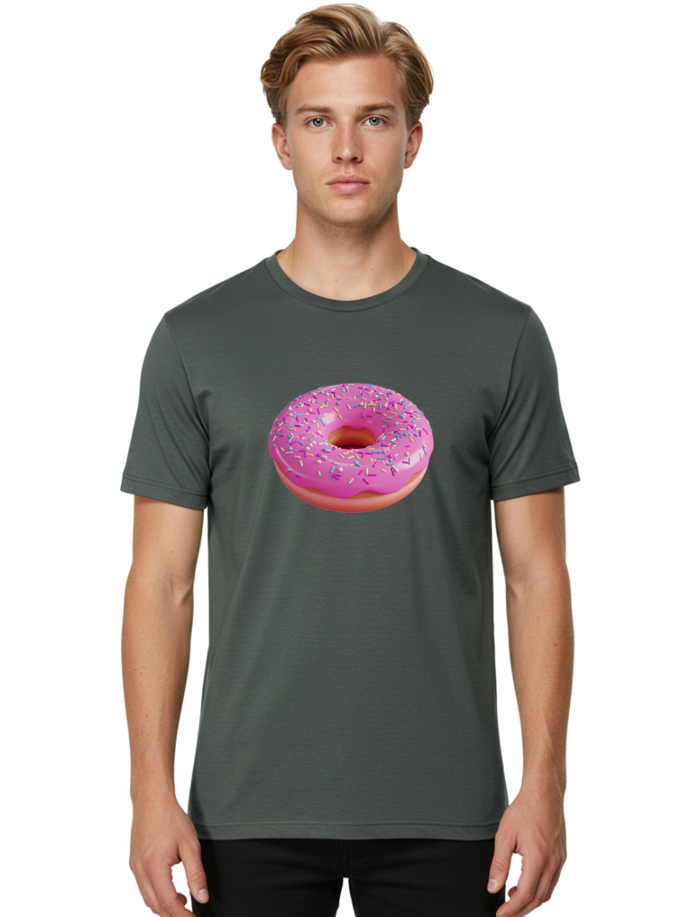 Pink-Donut-With-Sprinkles-1 Men'S Graphic Tee, 100% Cotton, Comfortable Casual Summer Wear, Machine Washable, Donut With Pink Glaze, Colorful Sprinkles, Sweet Treats, Dessert, Baked Goods, Tasty Pastries, Yummy Donut Bab158