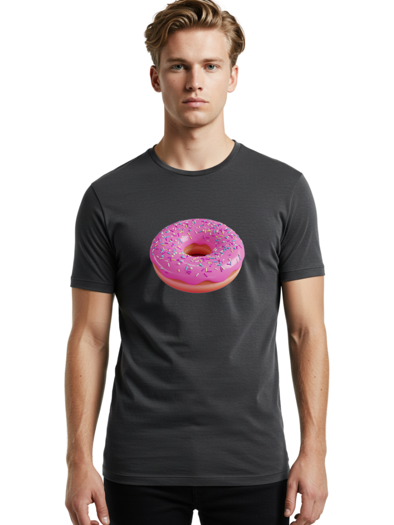Pink-Donut-With-Sprinkles-1 Men'S Graphic Tee, 100% Cotton, Comfortable Casual Summer Wear, Machine Washable, Donut With Pink Glaze, Colorful Sprinkles, Sweet Treats, Dessert, Baked Goods, Tasty Pastries, Yummy Donut Bab158