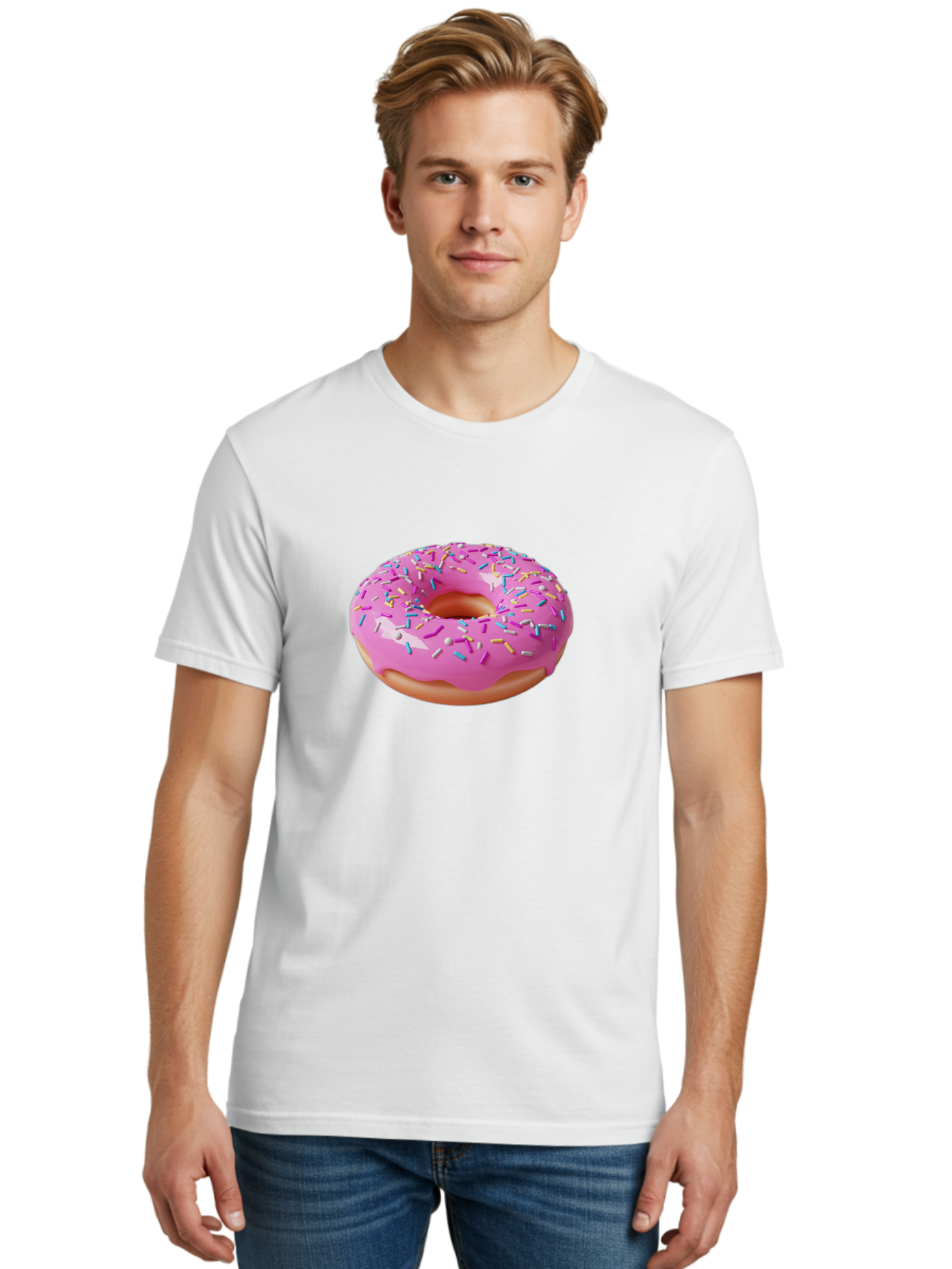 Pink-Donut-With-Sprinkles-2 Men'S Graphic Tee, 100% Cotton, Comfortable Casual Summer Wear, Machine Washable, Pink Frosted Donut, Donut With Sprinkles, Colorful Sprinkles, Sweet Treats, Baked Goods, Dessert, Tasty, 3D Rendering, Digital Art Bab159