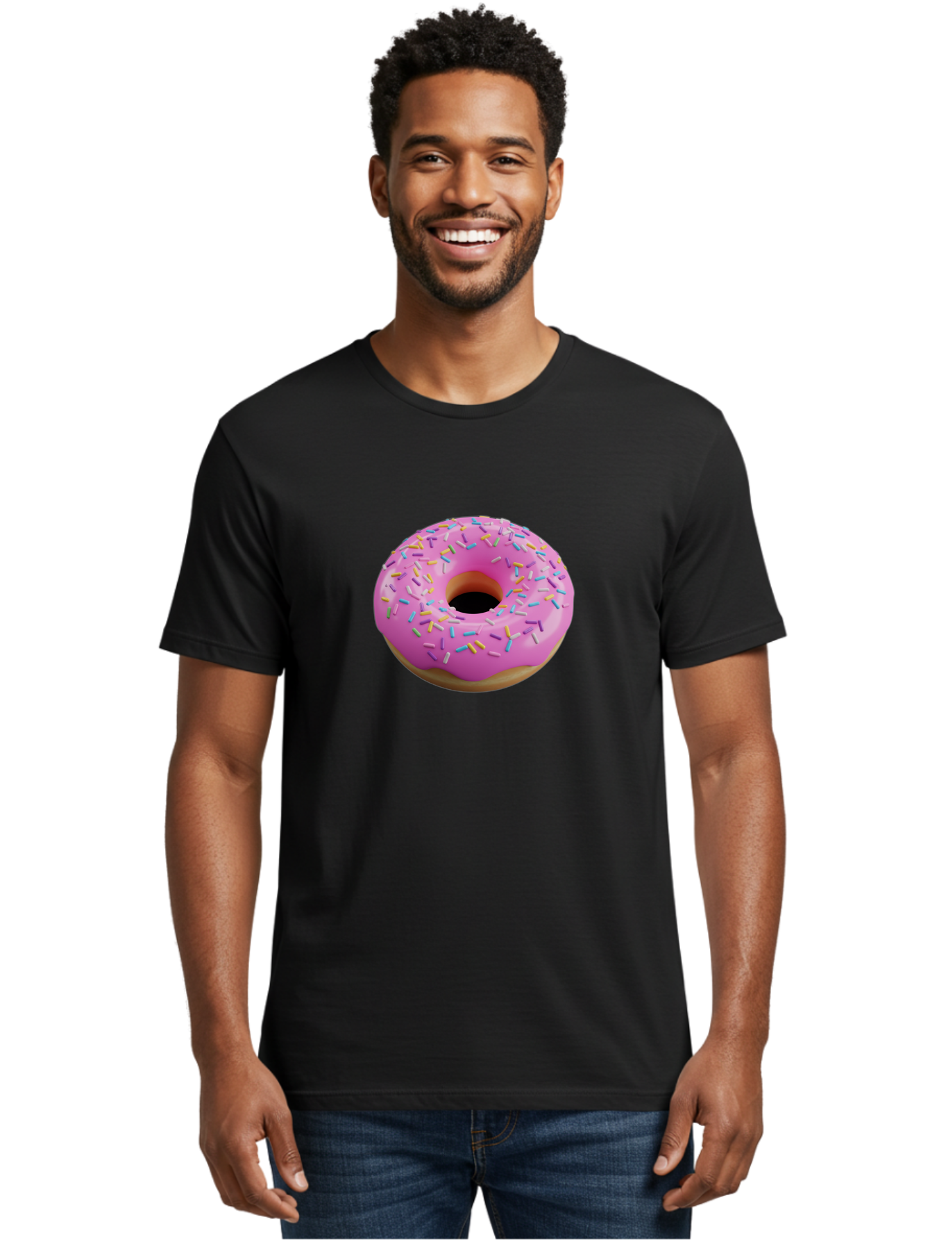 Pink-Donut-With-Sprinkles-3 Men'S Graphic Tee, 100% Cotton, Comfortable Casual Summer Wear, Machine Washable, Pink Donut With Sprinkles, Sweet Treats, Colorful Dessert, Donut With Frosting, Sprinkles On Donut, Dessert Graphics, 3D Donut Image, Bab160